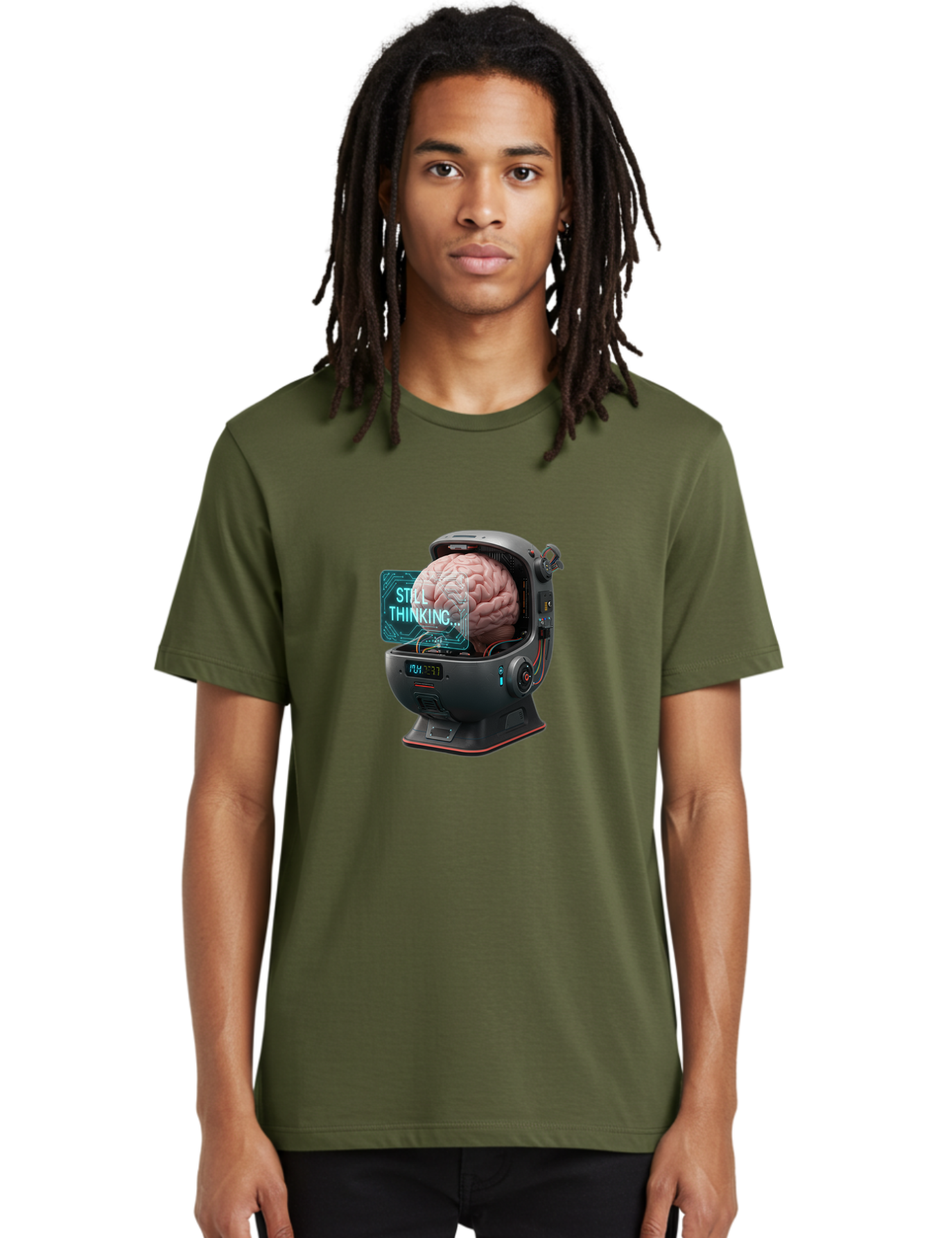 Still-Thinking-3 Men'S Graphic Tee, 100% Cotton, Comfortable Casual Summer Wear, Machine Washable, Human Brain In Sci-Fi Machine, Artificial Intelligence Concept, Futuristic Technology, Brain Activity, Still Thinking Message, Bab467