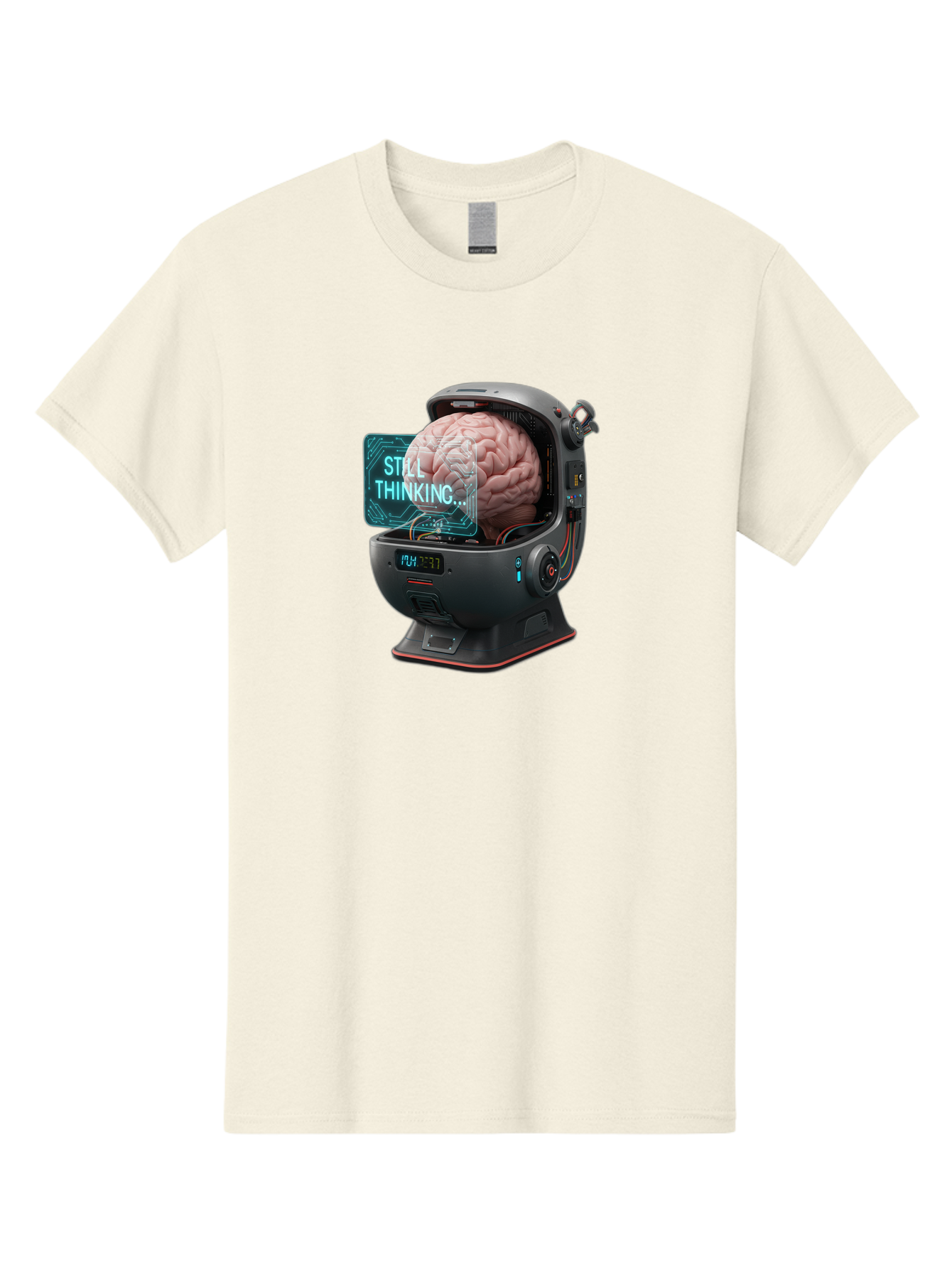 Still-Thinking-3 Men'S Graphic Tee, 100% Cotton, Comfortable Casual Summer Wear, Machine Washable, Human Brain In Sci-Fi Machine, Artificial Intelligence Concept, Futuristic Technology, Brain Activity, Still Thinking Message, Bab467