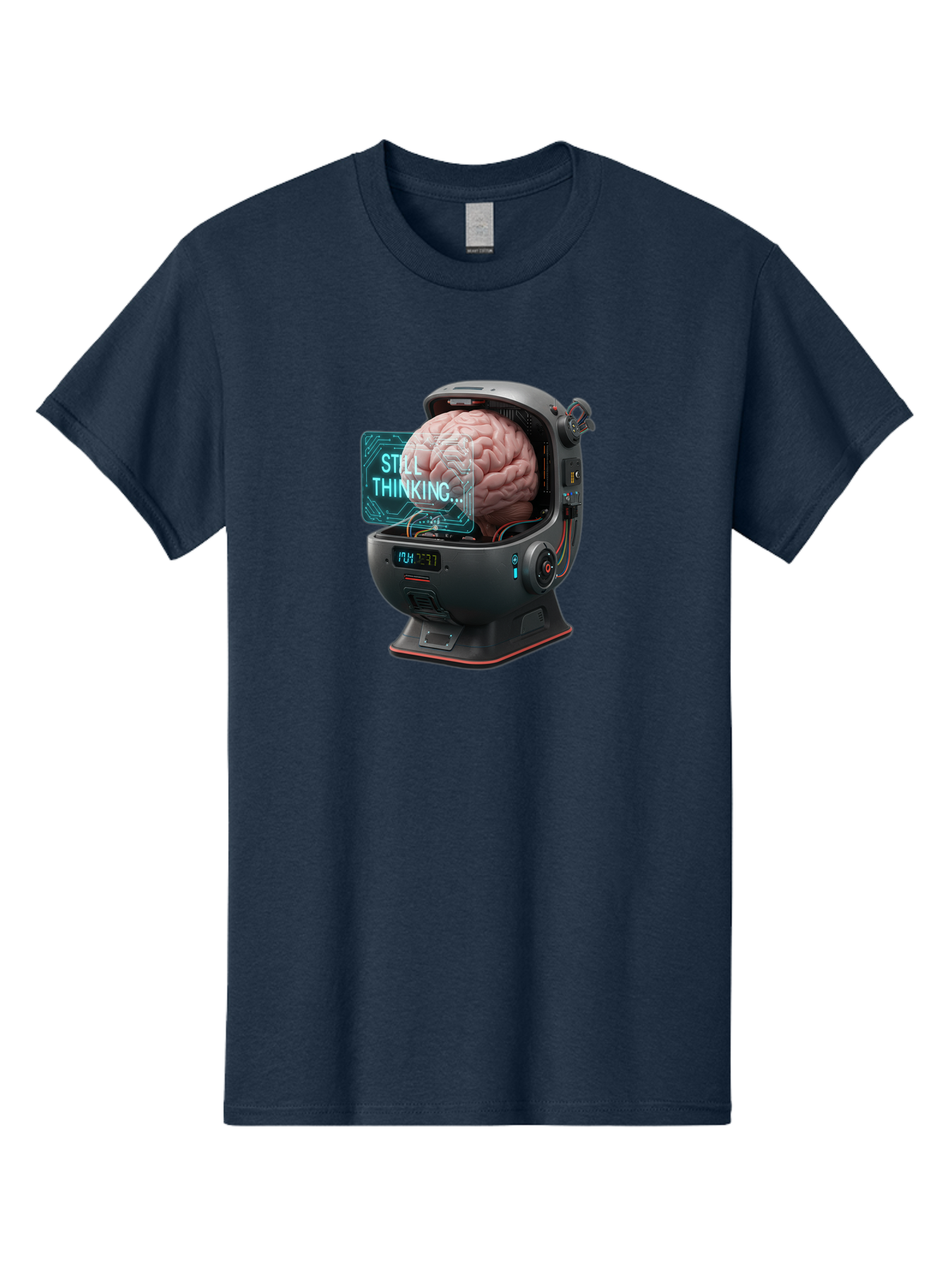 Still-Thinking-3 Men'S Graphic Tee, 100% Cotton, Comfortable Casual Summer Wear, Machine Washable, Human Brain In Sci-Fi Machine, Artificial Intelligence Concept, Futuristic Technology, Brain Activity, Still Thinking Message, Bab467