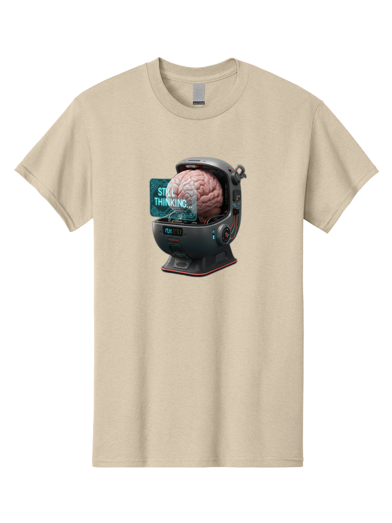 Still-Thinking-3 Men'S Graphic Tee, 100% Cotton, Comfortable Casual Summer Wear, Machine Washable, Human Brain In Sci-Fi Machine, Artificial Intelligence Concept, Futuristic Technology, Brain Activity, Still Thinking Message, Bab467