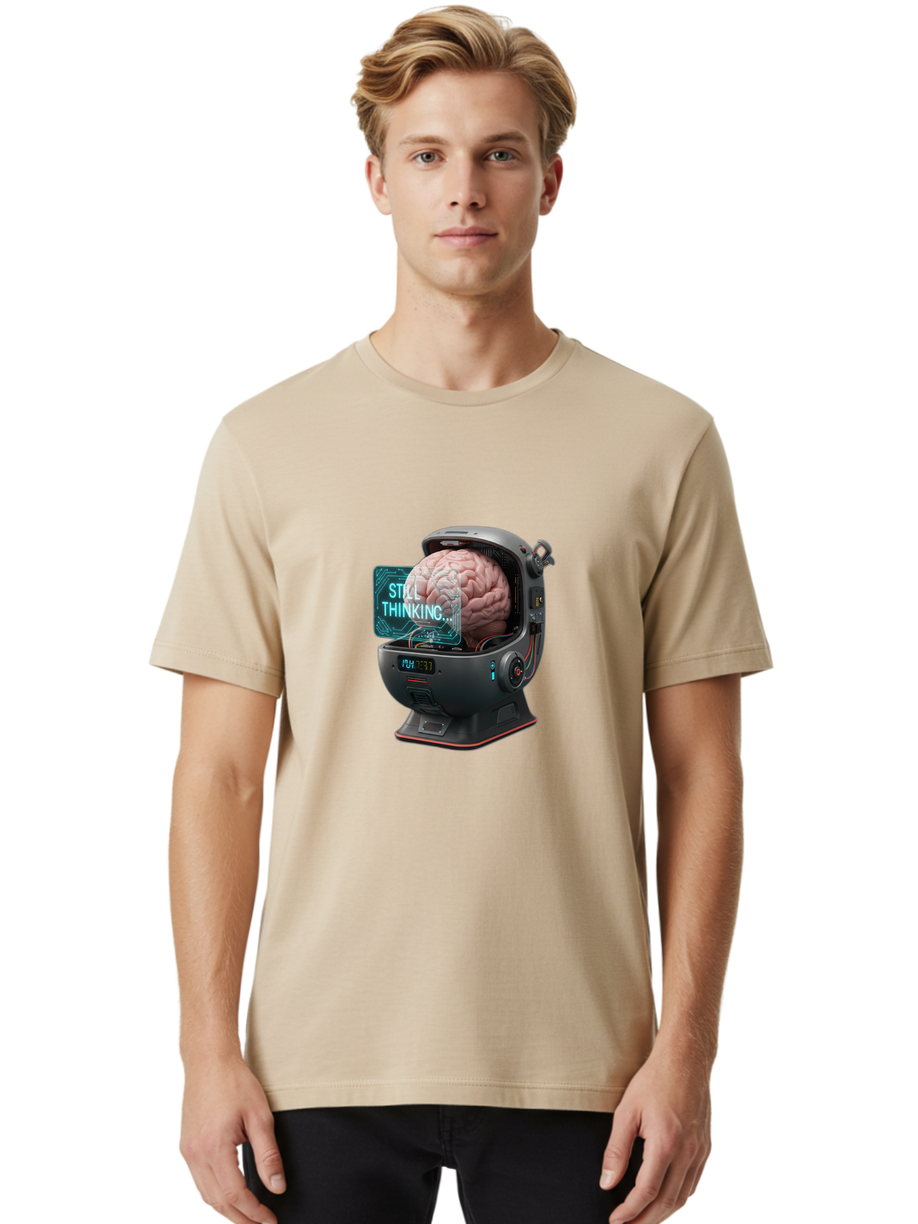 Still-Thinking-3 Men'S Graphic Tee, 100% Cotton, Comfortable Casual Summer Wear, Machine Washable, Human Brain In Sci-Fi Machine, Artificial Intelligence Concept, Futuristic Technology, Brain Activity, Still Thinking Message, Bab467