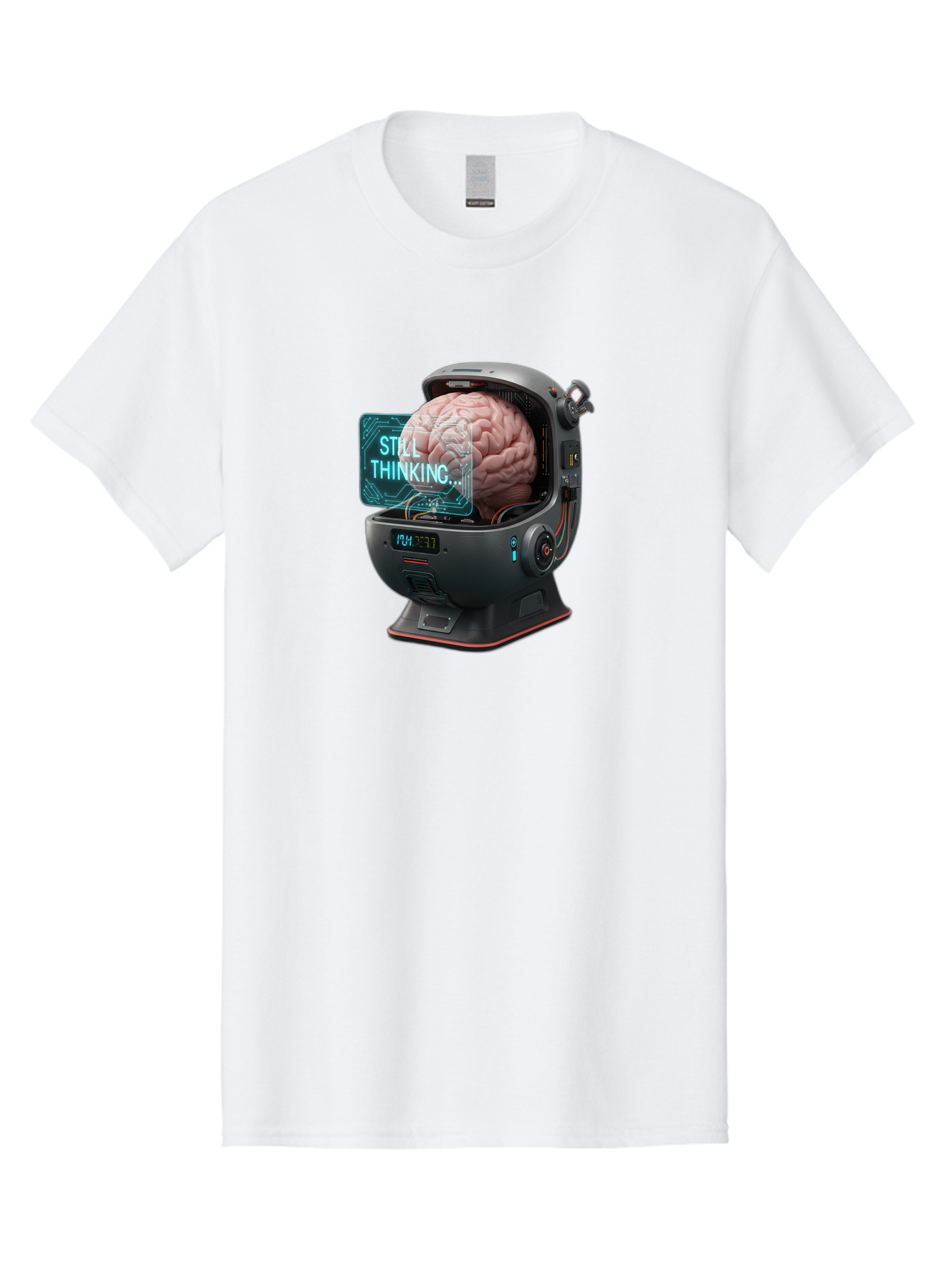Still-Thinking-3 Men'S Graphic Tee, 100% Cotton, Comfortable Casual Summer Wear, Machine Washable, Human Brain In Sci-Fi Machine, Artificial Intelligence Concept, Futuristic Technology, Brain Activity, Still Thinking Message, Bab467