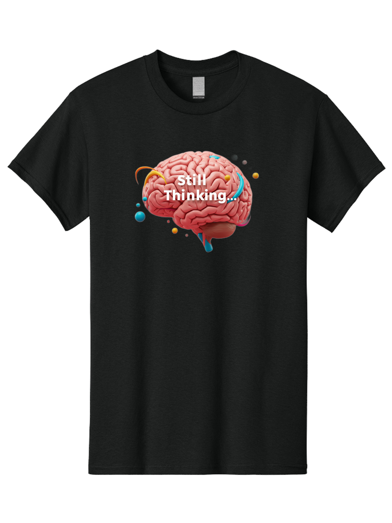 Still-Thinking-Brain-1 Men'S Graphic Tee, 100% Cotton, Comfortable Casual Summer Wear, Machine Washable, Human Brain, Creative Thinking, Abstract Shapes, Colorful Orbs, Idea Generation, Problem-Solving, Cognitive Process, Brainstorming, Bab468