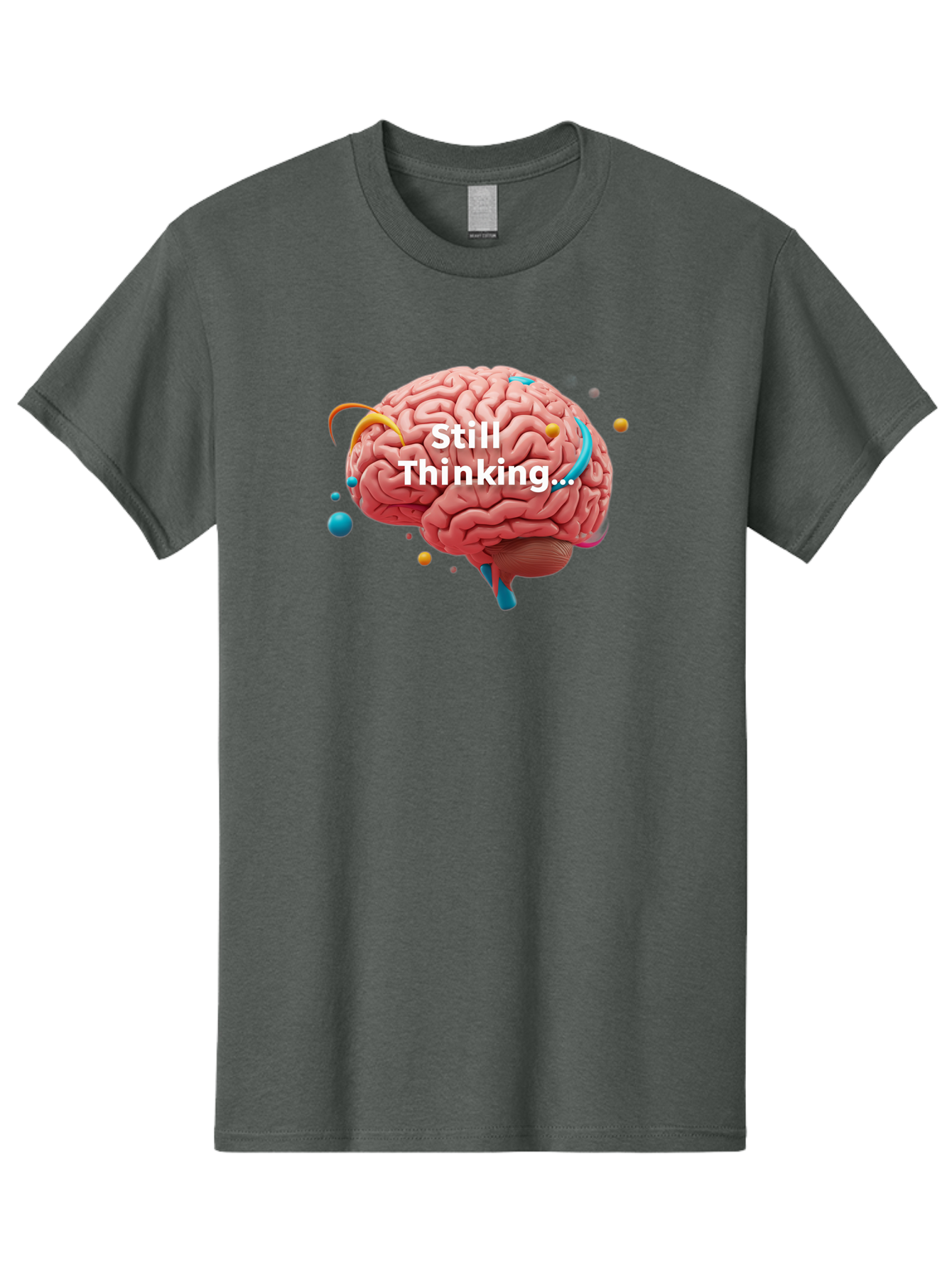Still-Thinking-Brain-1 Men'S Graphic Tee, 100% Cotton, Comfortable Casual Summer Wear, Machine Washable, Human Brain, Creative Thinking, Abstract Shapes, Colorful Orbs, Idea Generation, Problem-Solving, Cognitive Process, Brainstorming, Bab468