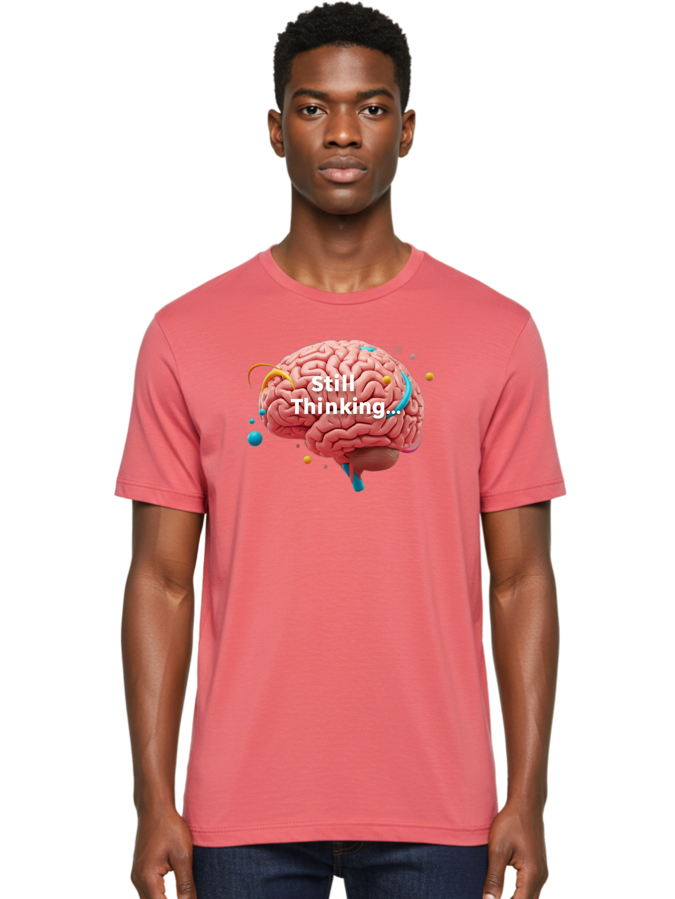 Still-Thinking-Brain-1 Men'S Graphic Tee, 100% Cotton, Comfortable Casual Summer Wear, Machine Washable, Human Brain, Creative Thinking, Abstract Shapes, Colorful Orbs, Idea Generation, Problem-Solving, Cognitive Process, Brainstorming, Bab468