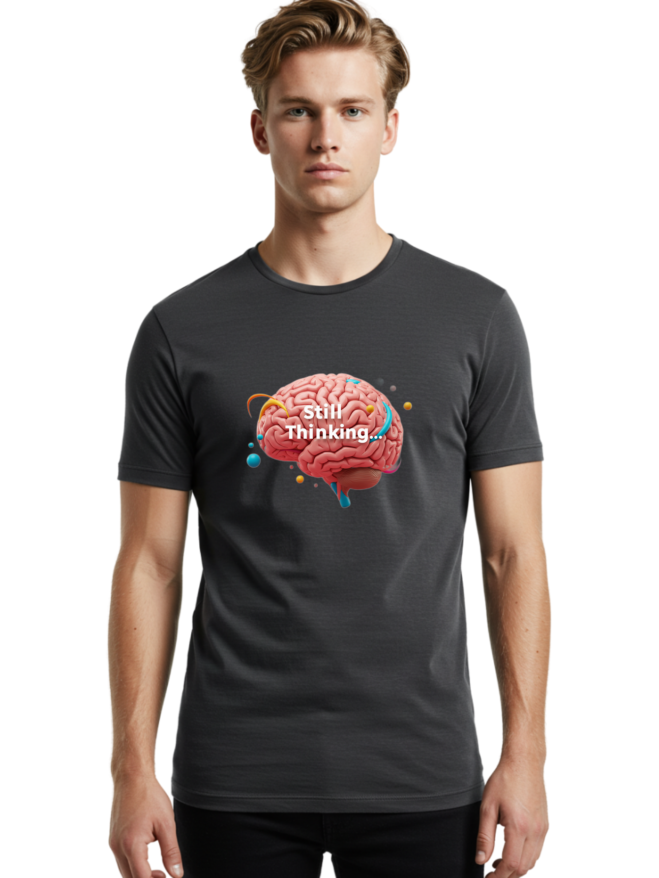 Still-Thinking-Brain-1 Men'S Graphic Tee, 100% Cotton, Comfortable Casual Summer Wear, Machine Washable, Human Brain, Creative Thinking, Abstract Shapes, Colorful Orbs, Idea Generation, Problem-Solving, Cognitive Process, Brainstorming, Bab468