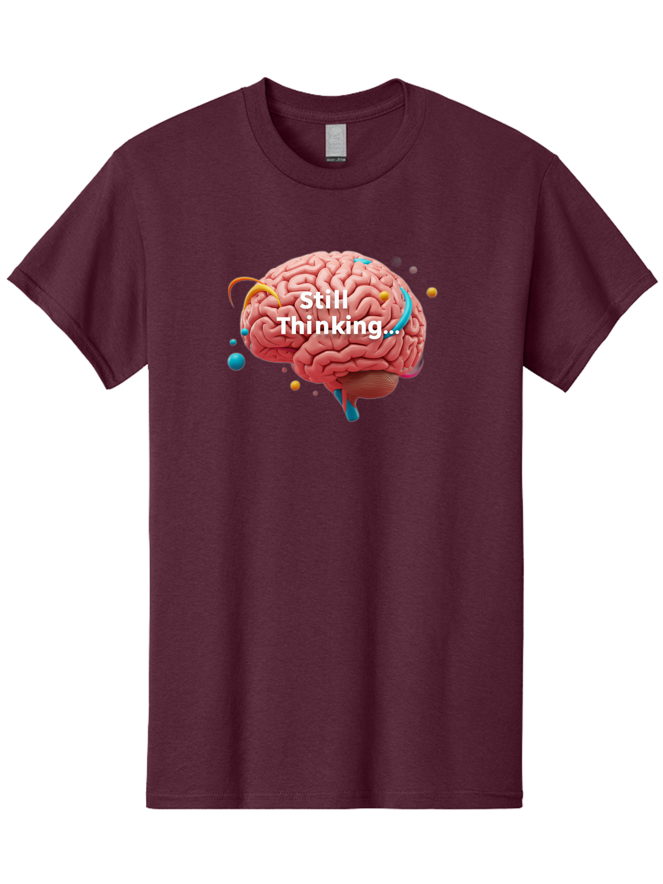 Still-Thinking-Brain-1 Men'S Graphic Tee, 100% Cotton, Comfortable Casual Summer Wear, Machine Washable, Human Brain, Creative Thinking, Abstract Shapes, Colorful Orbs, Idea Generation, Problem-Solving, Cognitive Process, Brainstorming, Bab468