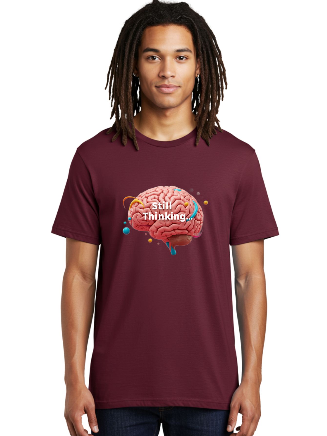 Still-Thinking-Brain-1 Men'S Graphic Tee, 100% Cotton, Comfortable Casual Summer Wear, Machine Washable, Human Brain, Creative Thinking, Abstract Shapes, Colorful Orbs, Idea Generation, Problem-Solving, Cognitive Process, Brainstorming, Bab468