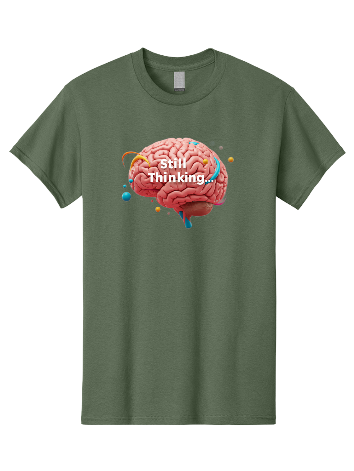 Still-Thinking-Brain-1 Men'S Graphic Tee, 100% Cotton, Comfortable Casual Summer Wear, Machine Washable, Human Brain, Creative Thinking, Abstract Shapes, Colorful Orbs, Idea Generation, Problem-Solving, Cognitive Process, Brainstorming, Bab468