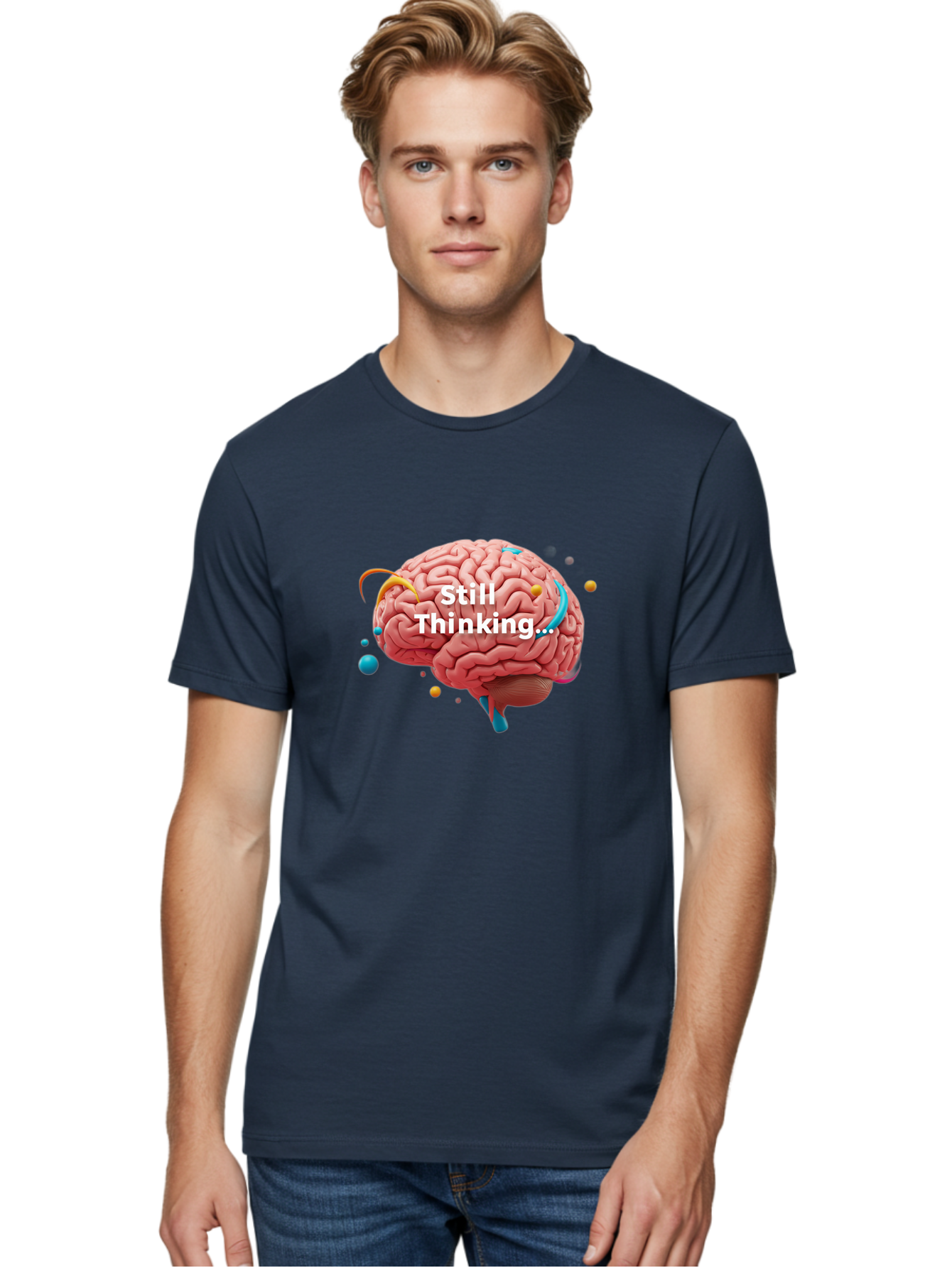 Still-Thinking-Brain-1 Men'S Graphic Tee, 100% Cotton, Comfortable Casual Summer Wear, Machine Washable, Human Brain, Creative Thinking, Abstract Shapes, Colorful Orbs, Idea Generation, Problem-Solving, Cognitive Process, Brainstorming, Bab468