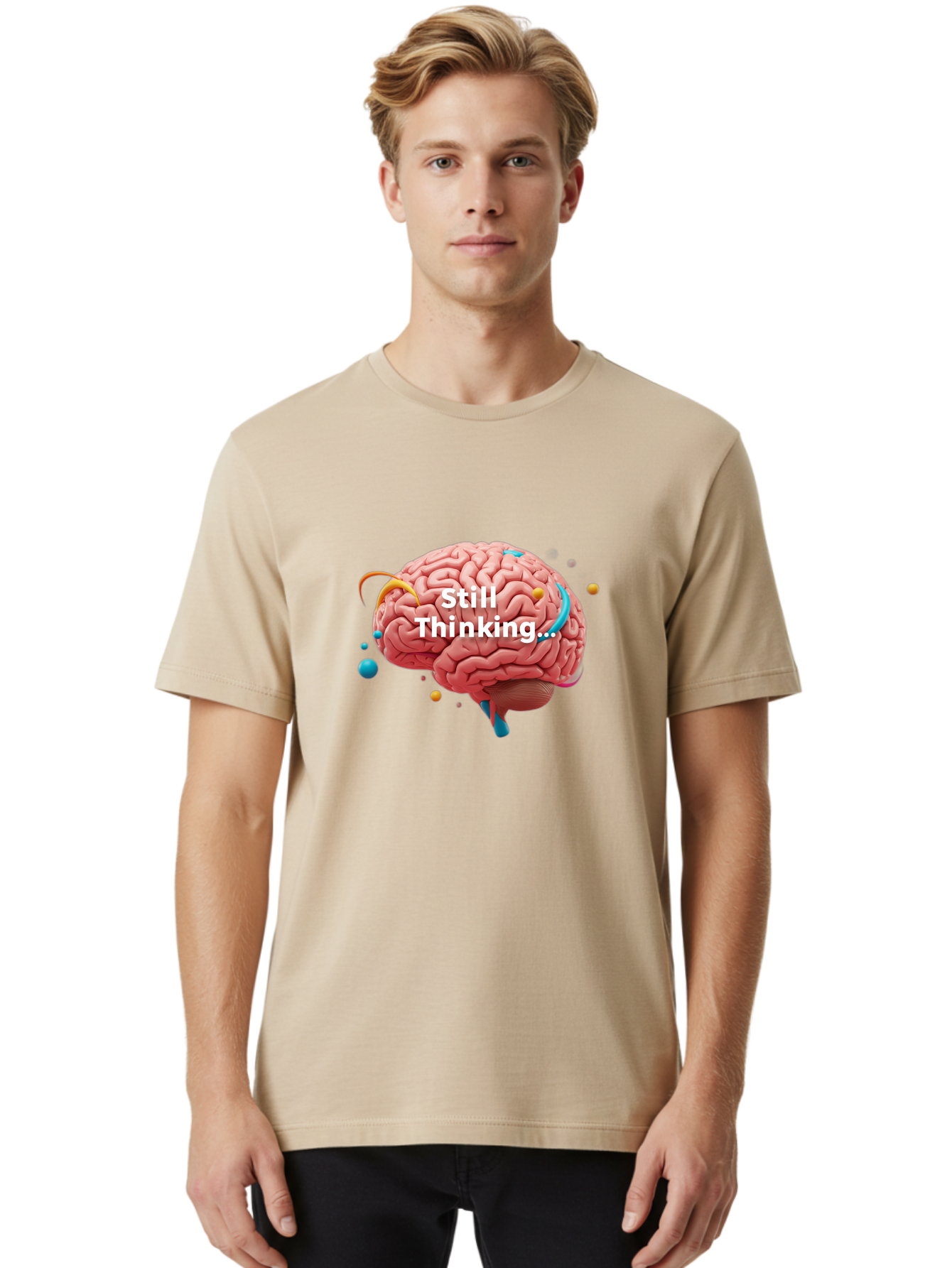 Still-Thinking-Brain-1 Men'S Graphic Tee, 100% Cotton, Comfortable Casual Summer Wear, Machine Washable, Human Brain, Creative Thinking, Abstract Shapes, Colorful Orbs, Idea Generation, Problem-Solving, Cognitive Process, Brainstorming, Bab468