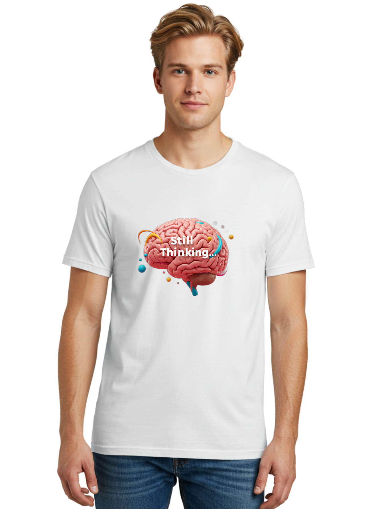 Still-Thinking-Brain-1 Men'S Graphic Tee, 100% Cotton, Comfortable Casual Summer Wear, Machine Washable, Human Brain, Creative Thinking, Abstract Shapes, Colorful Orbs, Idea Generation, Problem-Solving, Cognitive Process, Brainstorming, Bab468