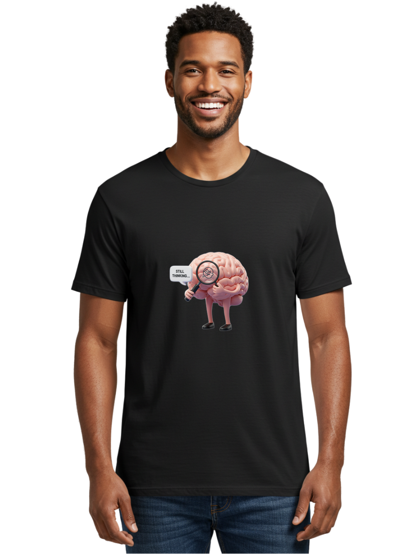 Still-Thinking-Brain-3 Men'S Graphic Tee, 100% Cotton, Comfortable Casual Summer Wear, Machine Washable, Human Brain Character, Deep Thinking, Problem Solving, Brain Analysis, Magnifying Glass, Thought Process, Cognitive Function, Bab470