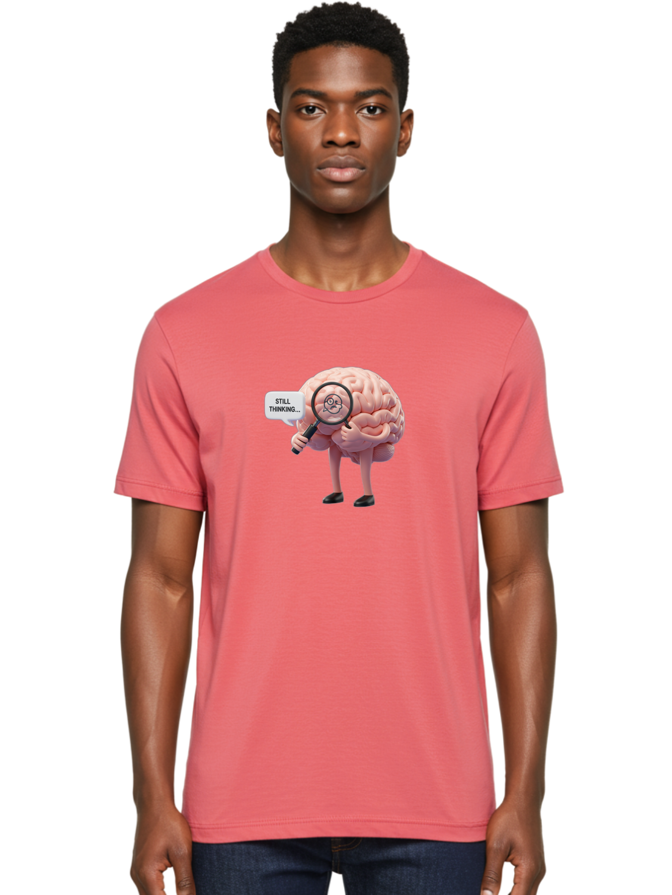 Still-Thinking-Brain-3 Men'S Graphic Tee, 100% Cotton, Comfortable Casual Summer Wear, Machine Washable, Human Brain Character, Deep Thinking, Problem Solving, Brain Analysis, Magnifying Glass, Thought Process, Cognitive Function, Bab470