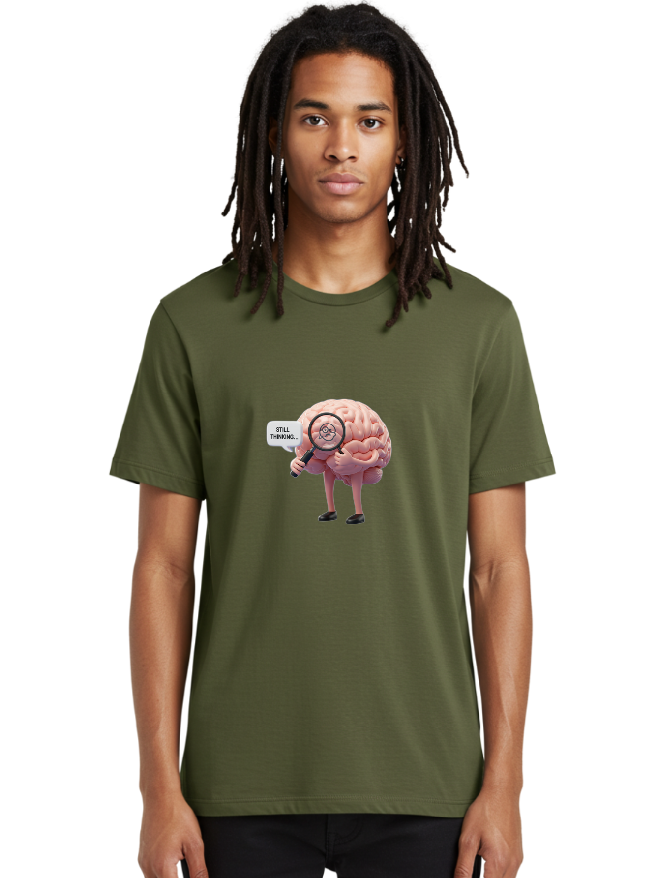 Still-Thinking-Brain-3 Men'S Graphic Tee, 100% Cotton, Comfortable Casual Summer Wear, Machine Washable, Human Brain Character, Deep Thinking, Problem Solving, Brain Analysis, Magnifying Glass, Thought Process, Cognitive Function, Bab470