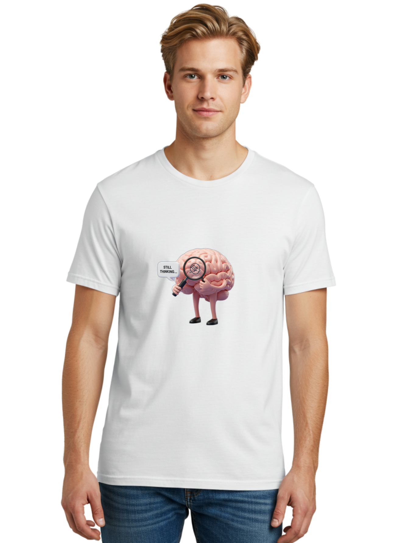 Still-Thinking-Brain-3 Men'S Graphic Tee, 100% Cotton, Comfortable Casual Summer Wear, Machine Washable, Human Brain Character, Deep Thinking, Problem Solving, Brain Analysis, Magnifying Glass, Thought Process, Cognitive Function, Bab470