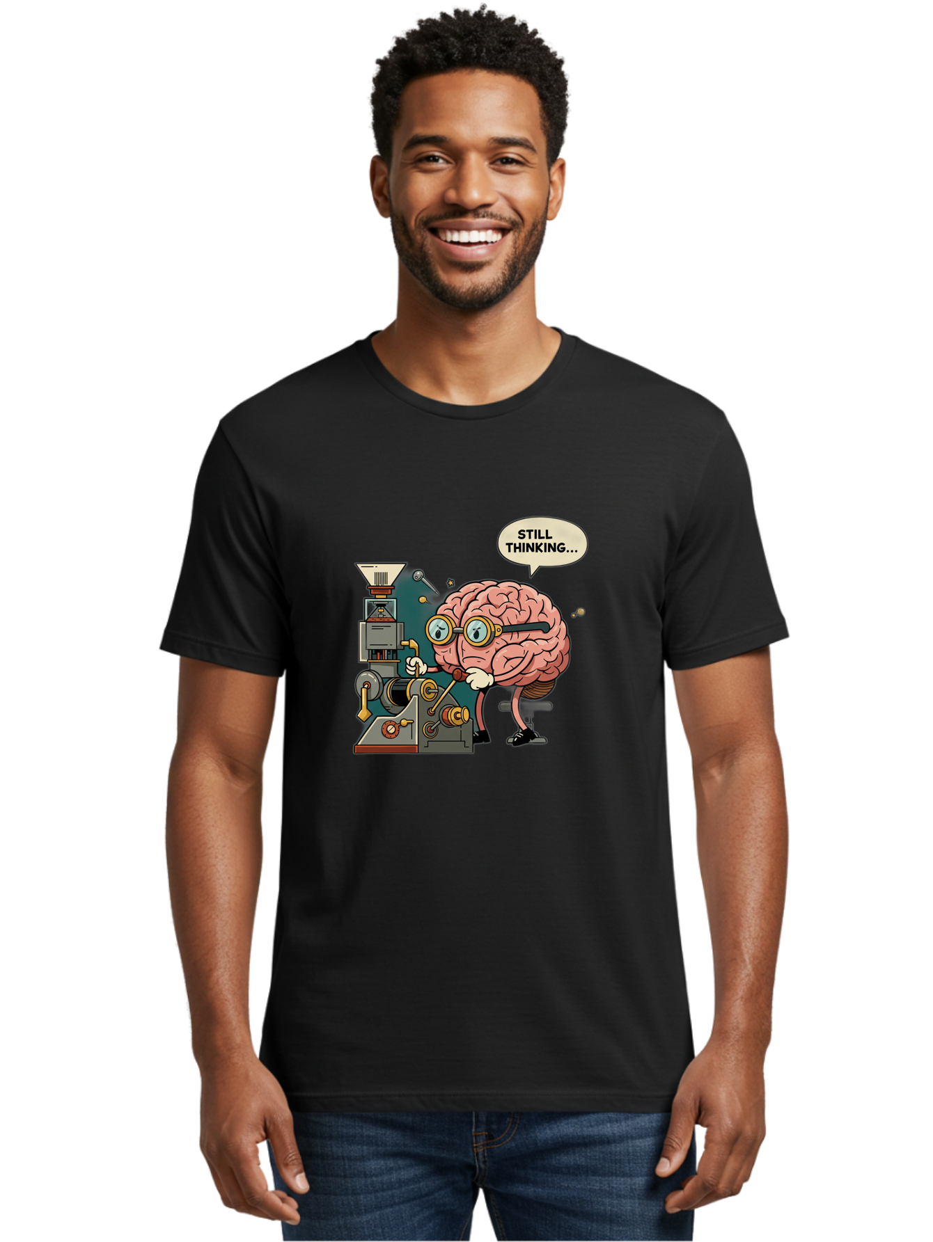 Still-Thinking Men'S Graphic Tee, 100% Cotton, Comfortable Casual Summer Wear, Machine Washable, Brain Character Working On Machine, Thinking Face, Problem Solving, Creative Process, Idea Generation, Cartoon Brain, Humorous Illustration, Bab472