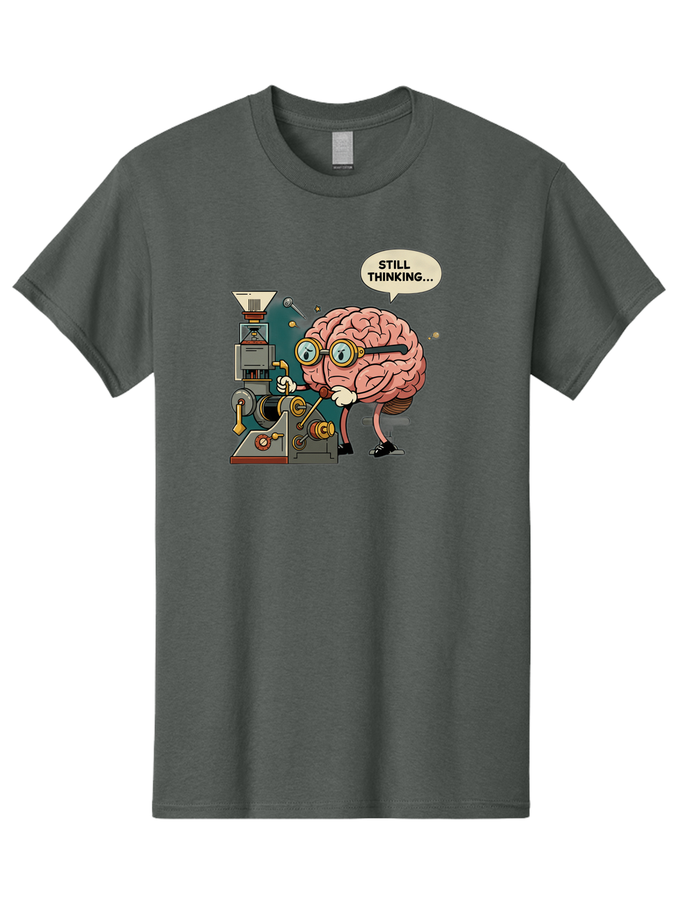 Still-Thinking Men'S Graphic Tee, 100% Cotton, Comfortable Casual Summer Wear, Machine Washable, Brain Character Working On Machine, Thinking Face, Problem Solving, Creative Process, Idea Generation, Cartoon Brain, Humorous Illustration, Bab472