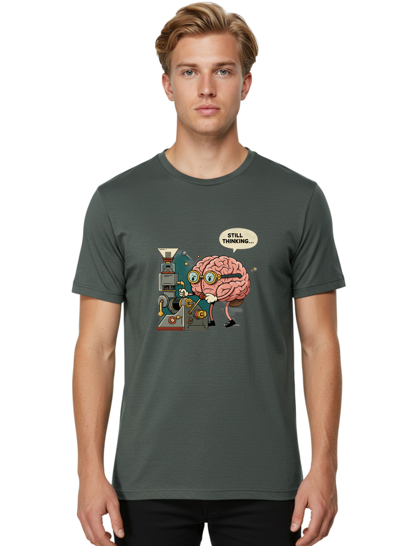 Still-Thinking Men'S Graphic Tee, 100% Cotton, Comfortable Casual Summer Wear, Machine Washable, Brain Character Working On Machine, Thinking Face, Problem Solving, Creative Process, Idea Generation, Cartoon Brain, Humorous Illustration, Bab472