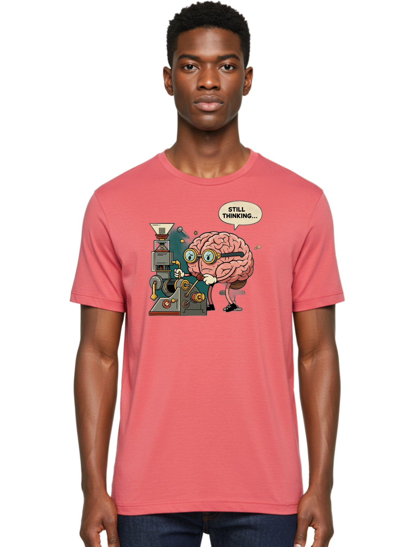 Still-Thinking Men'S Graphic Tee, 100% Cotton, Comfortable Casual Summer Wear, Machine Washable, Brain Character Working On Machine, Thinking Face, Problem Solving, Creative Process, Idea Generation, Cartoon Brain, Humorous Illustration, Bab472