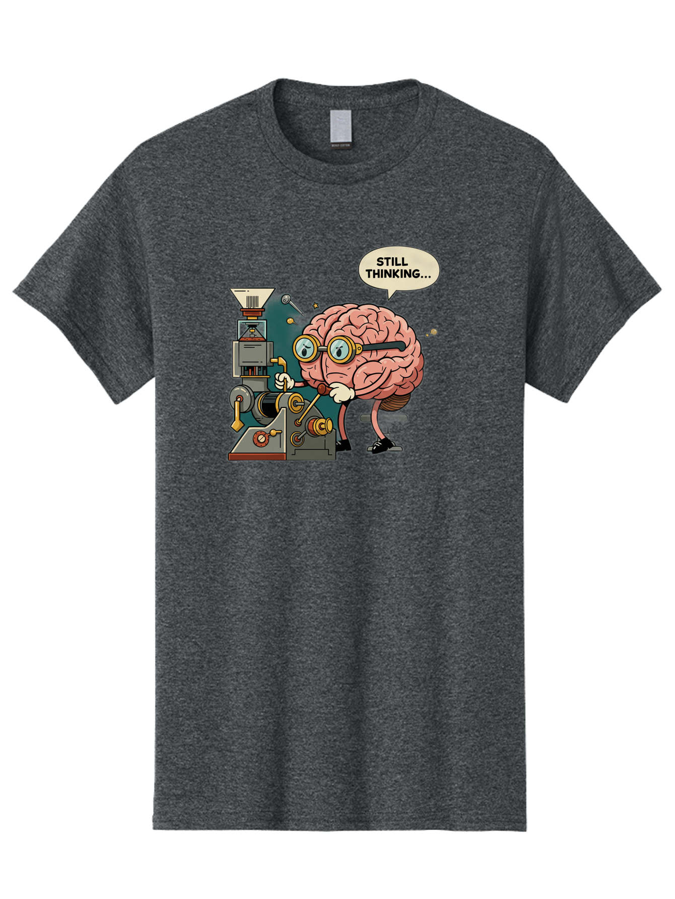 Still-Thinking Men'S Graphic Tee, 100% Cotton, Comfortable Casual Summer Wear, Machine Washable, Brain Character Working On Machine, Thinking Face, Problem Solving, Creative Process, Idea Generation, Cartoon Brain, Humorous Illustration, Bab472