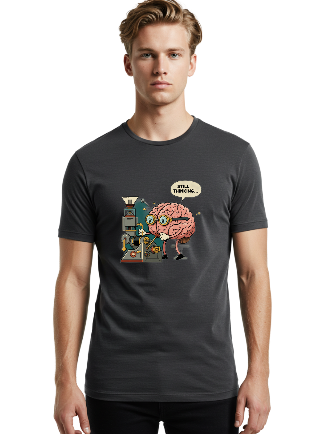 Still-Thinking Men'S Graphic Tee, 100% Cotton, Comfortable Casual Summer Wear, Machine Washable, Brain Character Working On Machine, Thinking Face, Problem Solving, Creative Process, Idea Generation, Cartoon Brain, Humorous Illustration, Bab472
