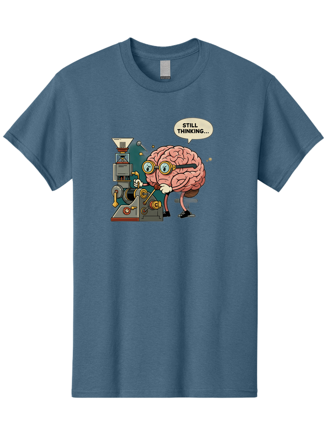 Still-Thinking Men'S Graphic Tee, 100% Cotton, Comfortable Casual Summer Wear, Machine Washable, Brain Character Working On Machine, Thinking Face, Problem Solving, Creative Process, Idea Generation, Cartoon Brain, Humorous Illustration, Bab472