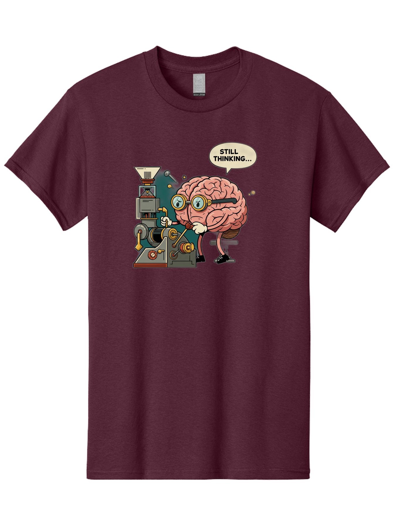Still-Thinking Men'S Graphic Tee, 100% Cotton, Comfortable Casual Summer Wear, Machine Washable, Brain Character Working On Machine, Thinking Face, Problem Solving, Creative Process, Idea Generation, Cartoon Brain, Humorous Illustration, Bab472