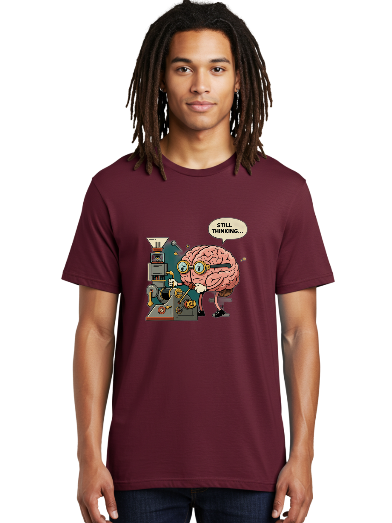 Still-Thinking Men'S Graphic Tee, 100% Cotton, Comfortable Casual Summer Wear, Machine Washable, Brain Character Working On Machine, Thinking Face, Problem Solving, Creative Process, Idea Generation, Cartoon Brain, Humorous Illustration, Bab472
