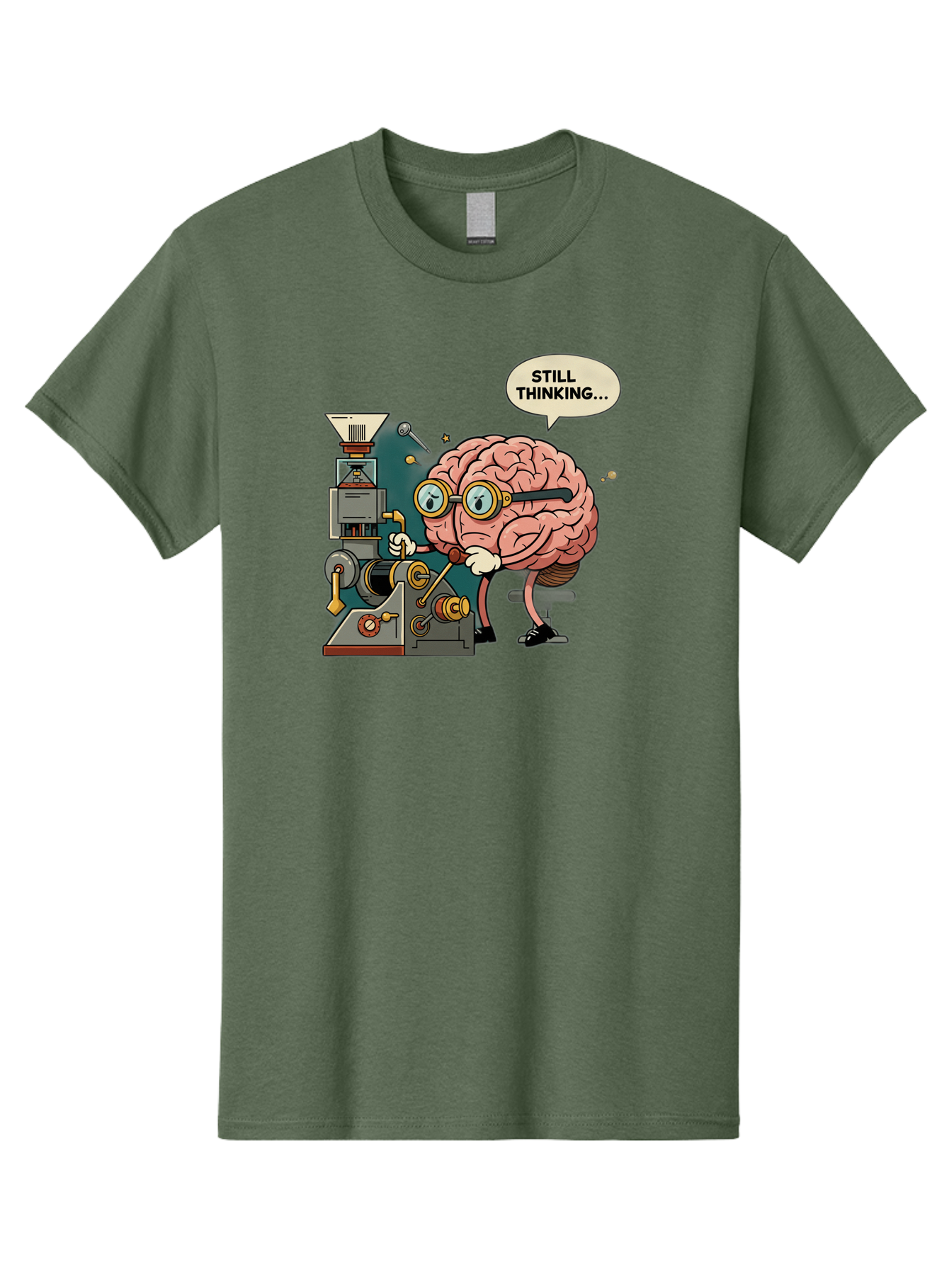 Still-Thinking Men'S Graphic Tee, 100% Cotton, Comfortable Casual Summer Wear, Machine Washable, Brain Character Working On Machine, Thinking Face, Problem Solving, Creative Process, Idea Generation, Cartoon Brain, Humorous Illustration, Bab472