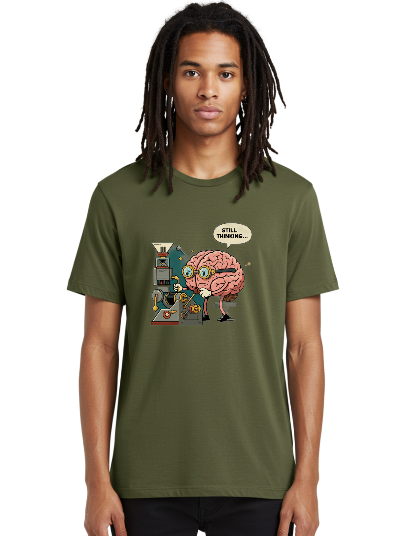 Still-Thinking Men'S Graphic Tee, 100% Cotton, Comfortable Casual Summer Wear, Machine Washable, Brain Character Working On Machine, Thinking Face, Problem Solving, Creative Process, Idea Generation, Cartoon Brain, Humorous Illustration, Bab472