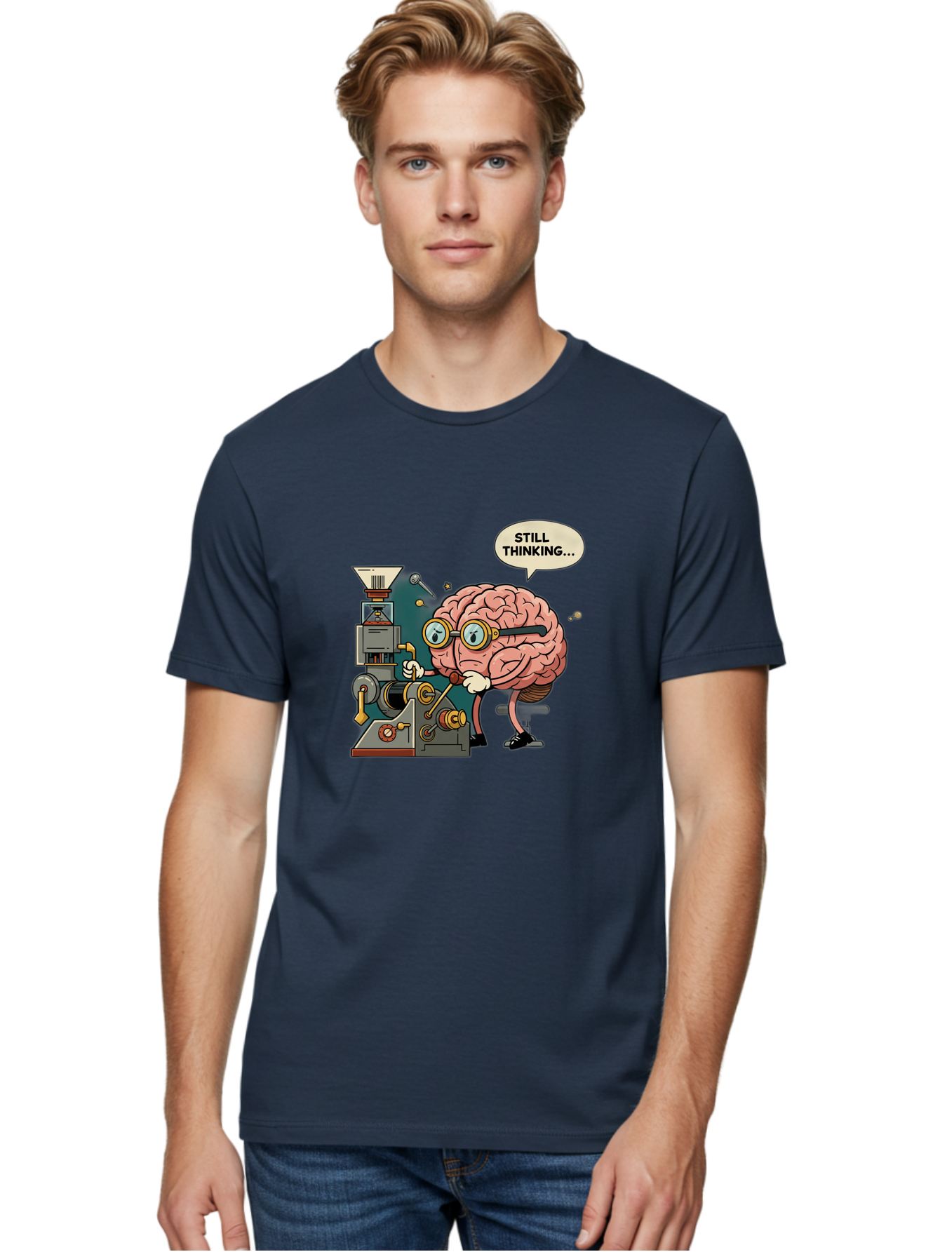 Still-Thinking Men'S Graphic Tee, 100% Cotton, Comfortable Casual Summer Wear, Machine Washable, Brain Character Working On Machine, Thinking Face, Problem Solving, Creative Process, Idea Generation, Cartoon Brain, Humorous Illustration, Bab472