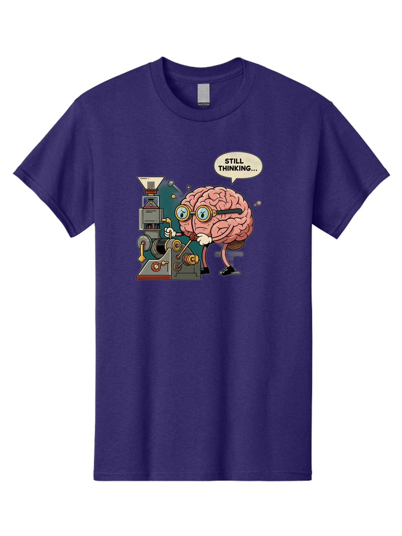 Still-Thinking Men'S Graphic Tee, 100% Cotton, Comfortable Casual Summer Wear, Machine Washable, Brain Character Working On Machine, Thinking Face, Problem Solving, Creative Process, Idea Generation, Cartoon Brain, Humorous Illustration, Bab472