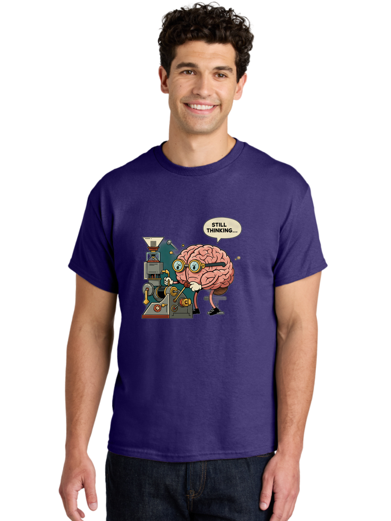 Still-Thinking Men'S Graphic Tee, 100% Cotton, Comfortable Casual Summer Wear, Machine Washable, Brain Character Working On Machine, Thinking Face, Problem Solving, Creative Process, Idea Generation, Cartoon Brain, Humorous Illustration, Bab472