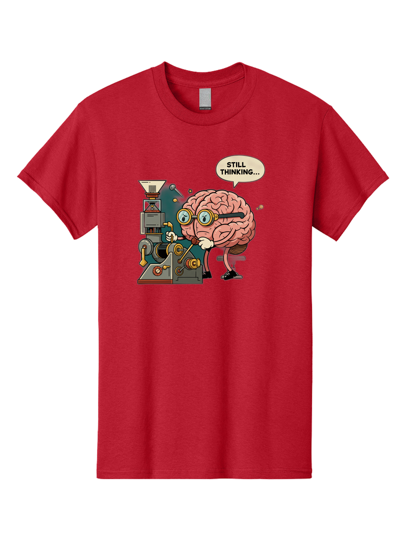 Still-Thinking Men'S Graphic Tee, 100% Cotton, Comfortable Casual Summer Wear, Machine Washable, Brain Character Working On Machine, Thinking Face, Problem Solving, Creative Process, Idea Generation, Cartoon Brain, Humorous Illustration, Bab472