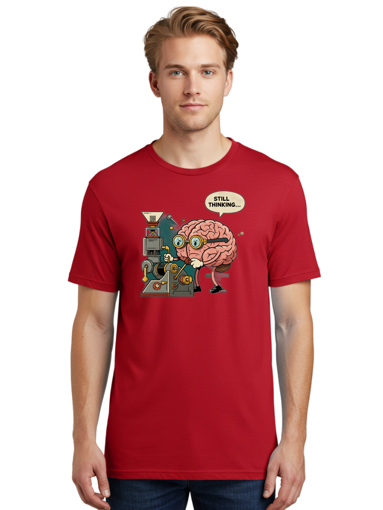 Still-Thinking Men'S Graphic Tee, 100% Cotton, Comfortable Casual Summer Wear, Machine Washable, Brain Character Working On Machine, Thinking Face, Problem Solving, Creative Process, Idea Generation, Cartoon Brain, Humorous Illustration, Bab472