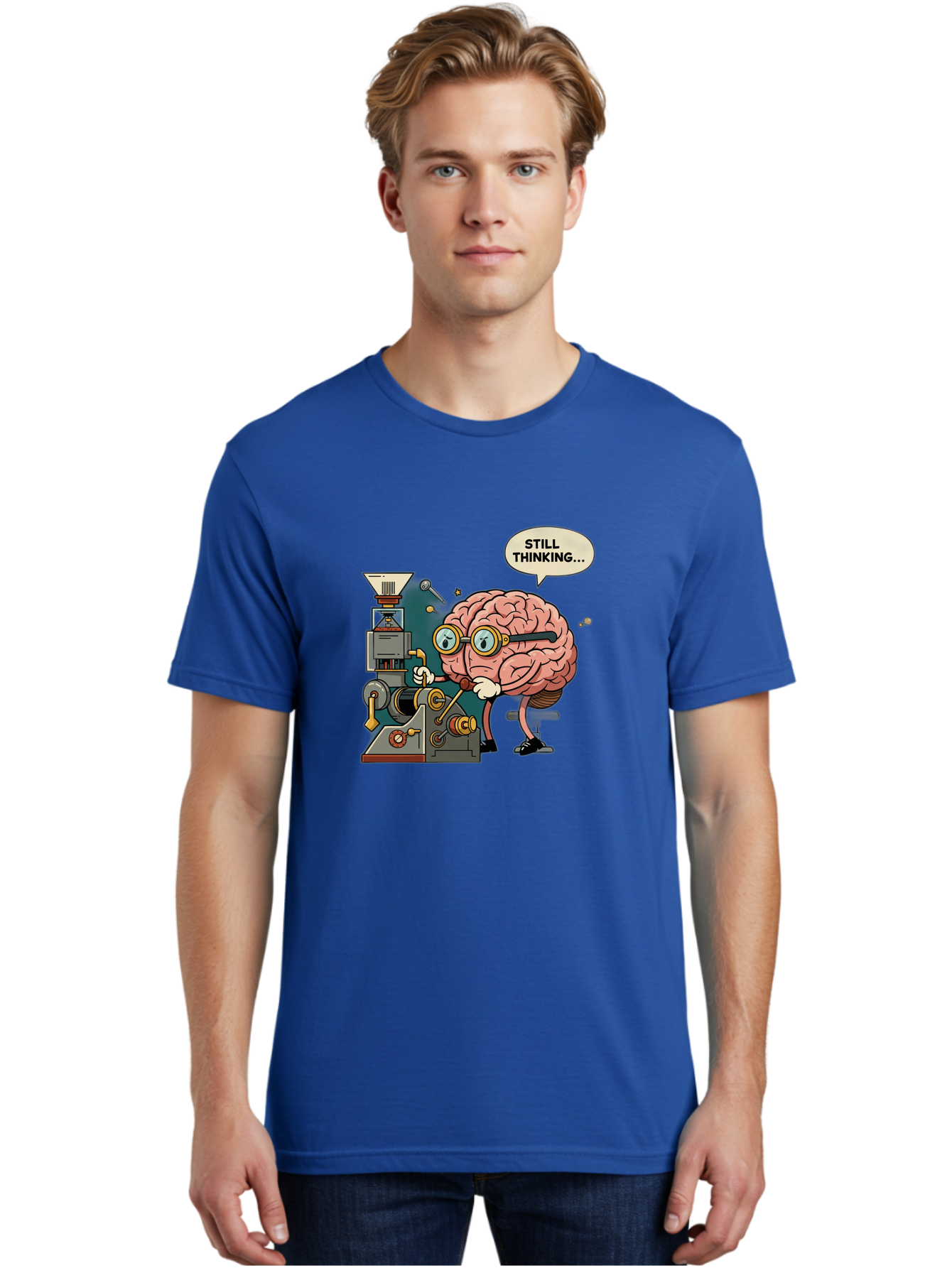 Still-Thinking Men'S Graphic Tee, 100% Cotton, Comfortable Casual Summer Wear, Machine Washable, Brain Character Working On Machine, Thinking Face, Problem Solving, Creative Process, Idea Generation, Cartoon Brain, Humorous Illustration, Bab472