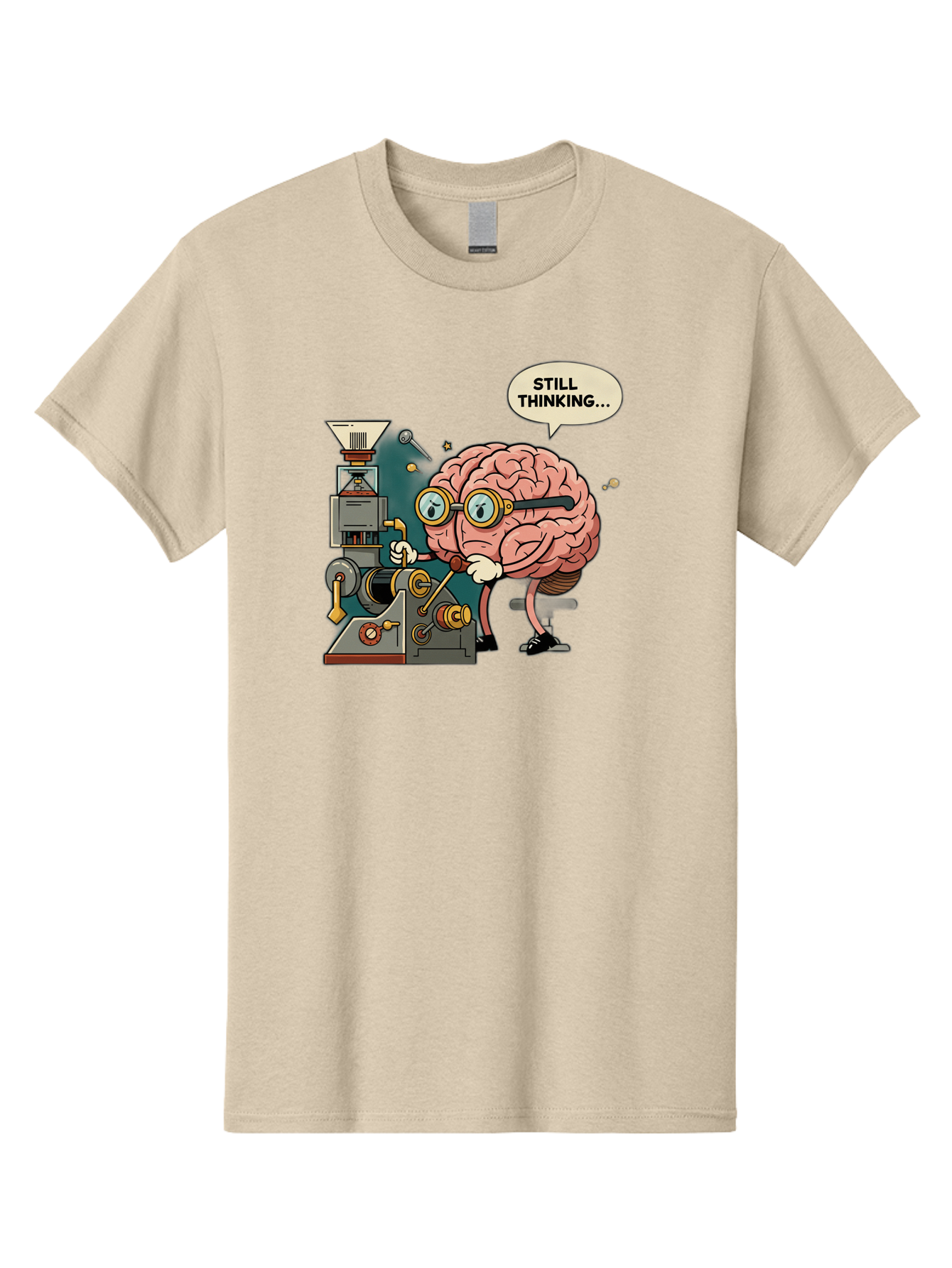 Still-Thinking Men'S Graphic Tee, 100% Cotton, Comfortable Casual Summer Wear, Machine Washable, Brain Character Working On Machine, Thinking Face, Problem Solving, Creative Process, Idea Generation, Cartoon Brain, Humorous Illustration, Bab472