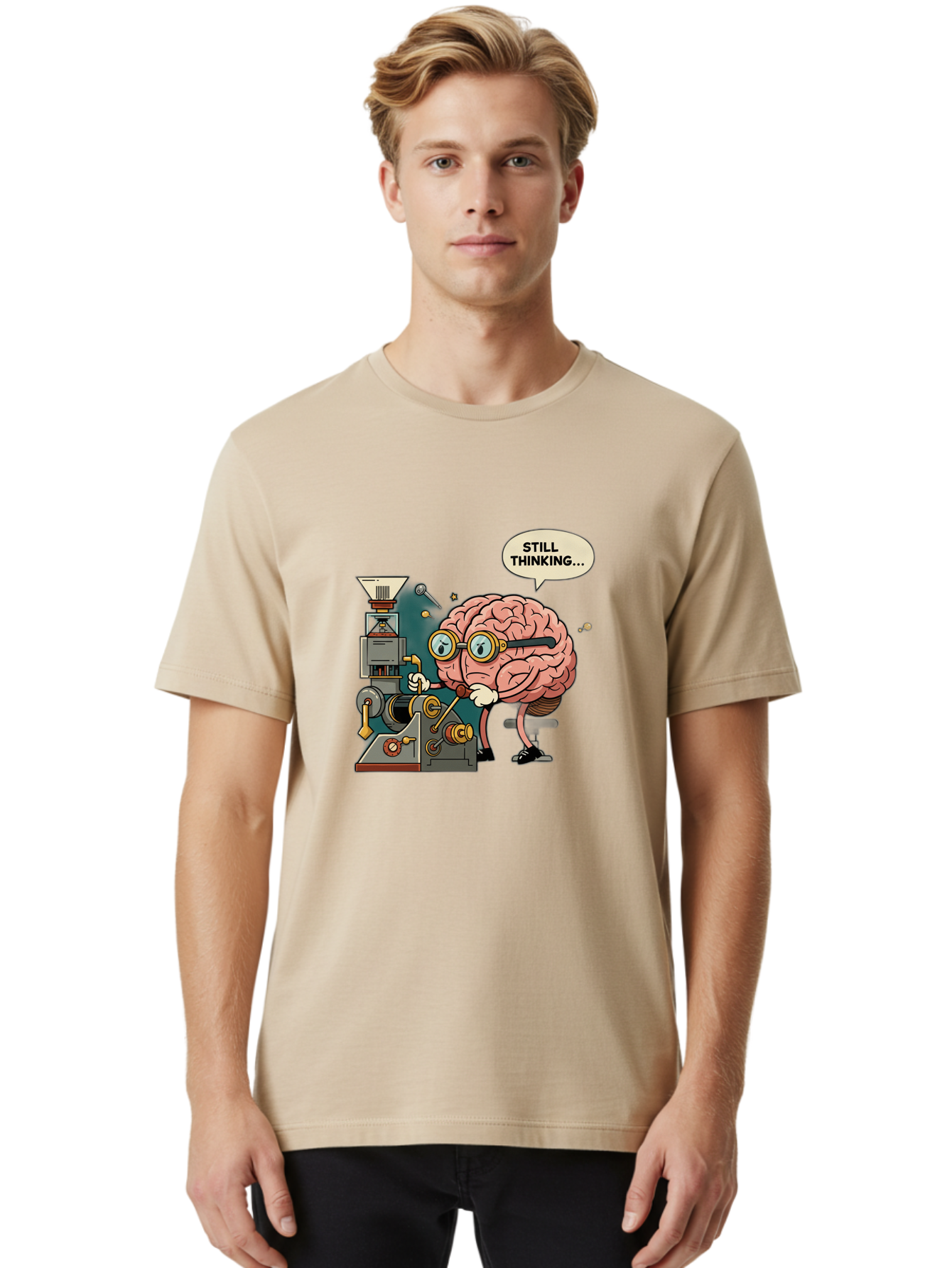 Still-Thinking Men'S Graphic Tee, 100% Cotton, Comfortable Casual Summer Wear, Machine Washable, Brain Character Working On Machine, Thinking Face, Problem Solving, Creative Process, Idea Generation, Cartoon Brain, Humorous Illustration, Bab472