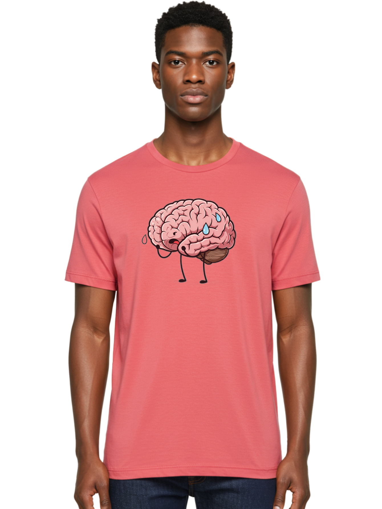 Stressed-Brain Men'S Graphic Tee, 100% Cotton, Comfortable Casual Summer Wear, Machine Washable, Stressed Brain, Worried Expression, Cartoon Brain, Mental Exhaustion, Brain Drain, Tiredness, Frustrated Face, Anthropomorphic Brain Bab475
