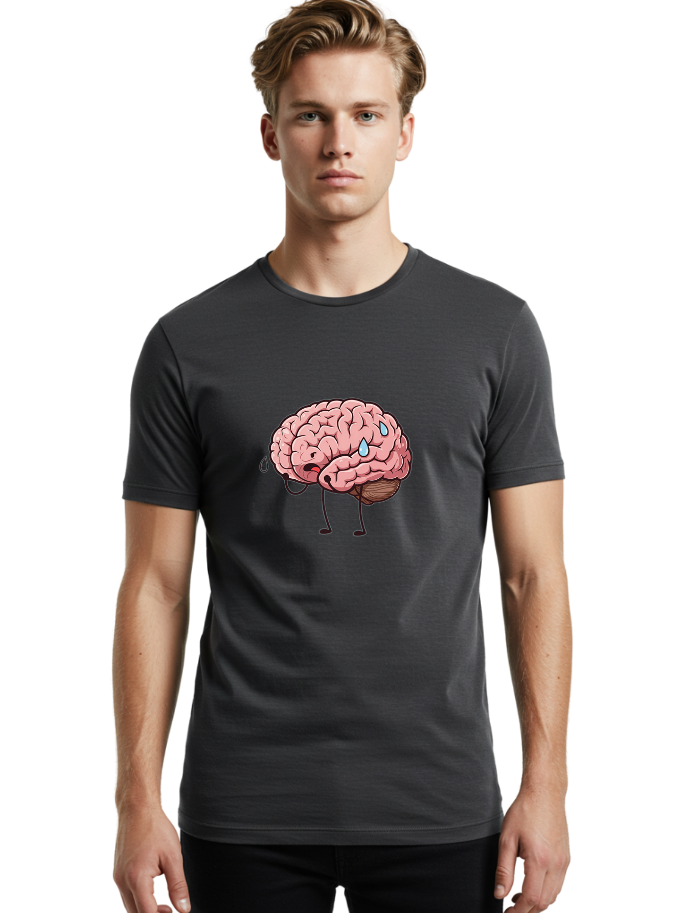 Stressed-Brain Men'S Graphic Tee, 100% Cotton, Comfortable Casual Summer Wear, Machine Washable, Stressed Brain, Worried Expression, Cartoon Brain, Mental Exhaustion, Brain Drain, Tiredness, Frustrated Face, Anthropomorphic Brain Bab475