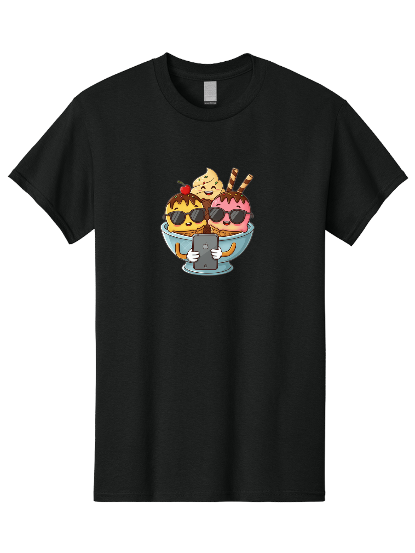 Sundae-Friends Men'S Graphic Tee, 100% Cotton, Comfortable Casual Summer Wear, Machine Washable, Sundaes With Sunglasses, Smartphone Selfie, Chocolate Sauce, Cherry On Top, Cartoon Illustrations Bab477