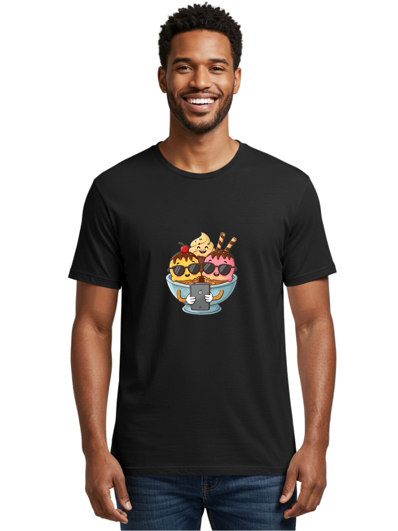 Sundae-Friends Men'S Graphic Tee, 100% Cotton, Comfortable Casual Summer Wear, Machine Washable, Sundaes With Sunglasses, Smartphone Selfie, Chocolate Sauce, Cherry On Top, Cartoon Illustrations Bab477
