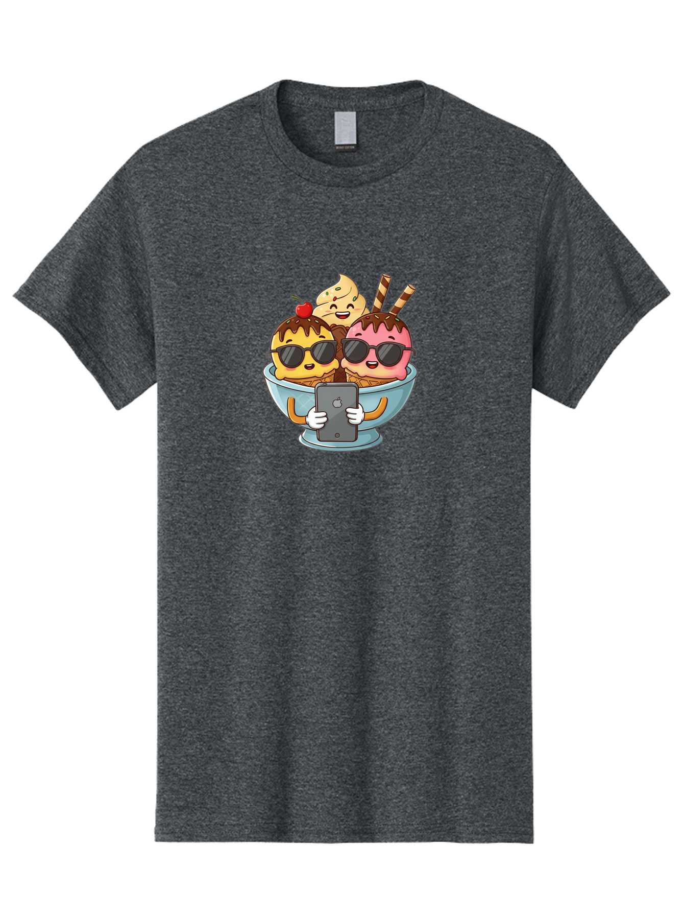 Sundae-Friends Men'S Graphic Tee, 100% Cotton, Comfortable Casual Summer Wear, Machine Washable, Sundaes With Sunglasses, Smartphone Selfie, Chocolate Sauce, Cherry On Top, Cartoon Illustrations Bab477