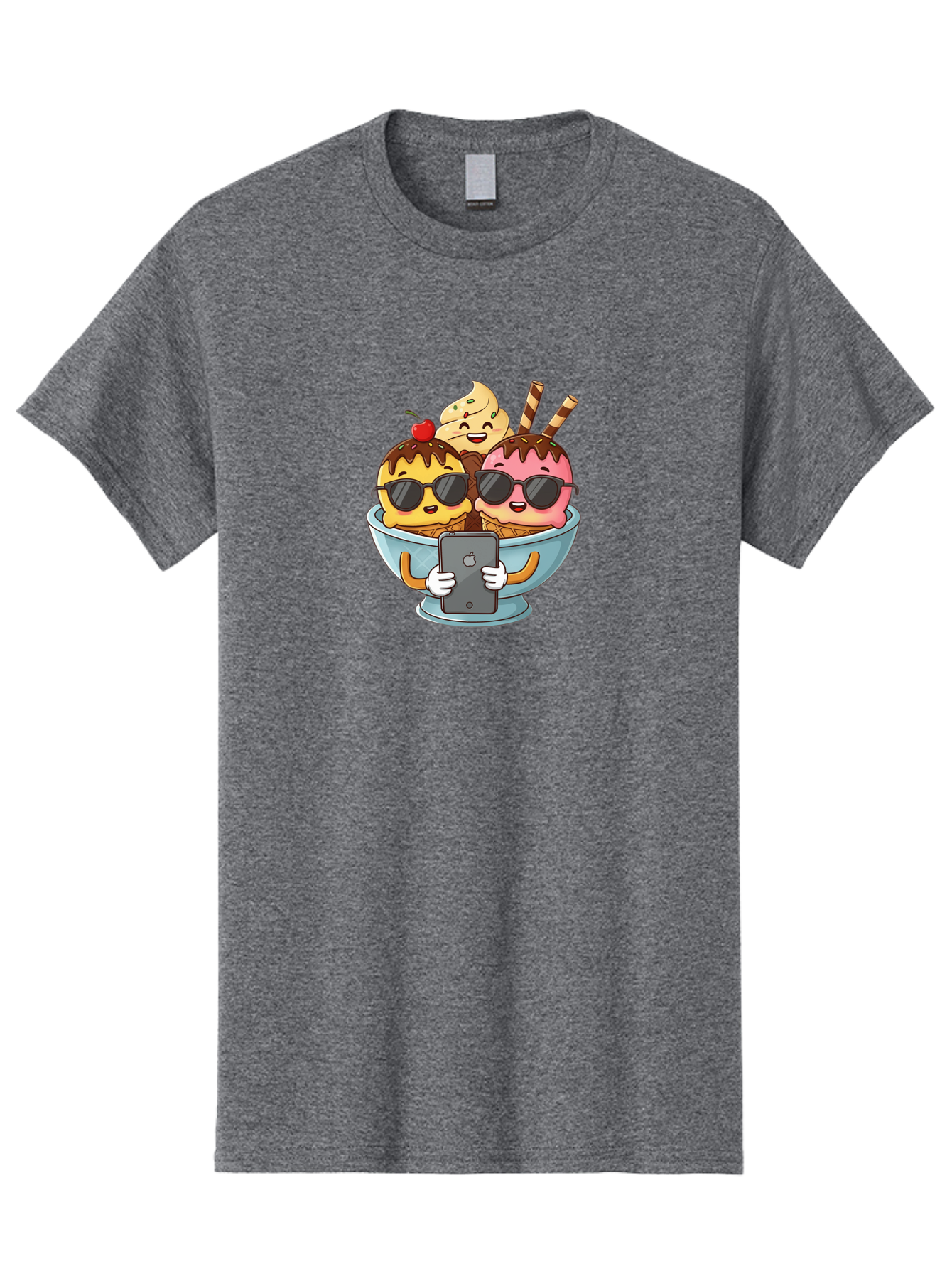 Sundae-Friends Men'S Graphic Tee, 100% Cotton, Comfortable Casual Summer Wear, Machine Washable, Sundaes With Sunglasses, Smartphone Selfie, Chocolate Sauce, Cherry On Top, Cartoon Illustrations Bab477
