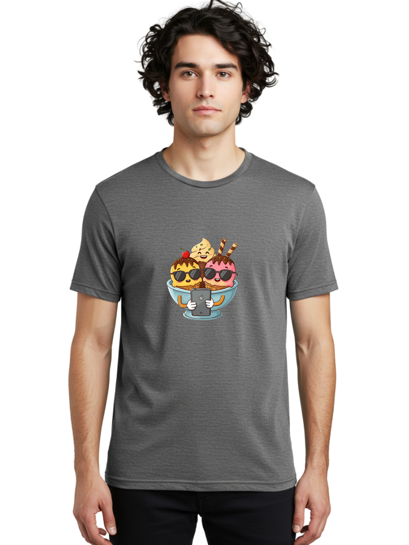 Sundae-Friends Men'S Graphic Tee, 100% Cotton, Comfortable Casual Summer Wear, Machine Washable, Sundaes With Sunglasses, Smartphone Selfie, Chocolate Sauce, Cherry On Top, Cartoon Illustrations Bab477