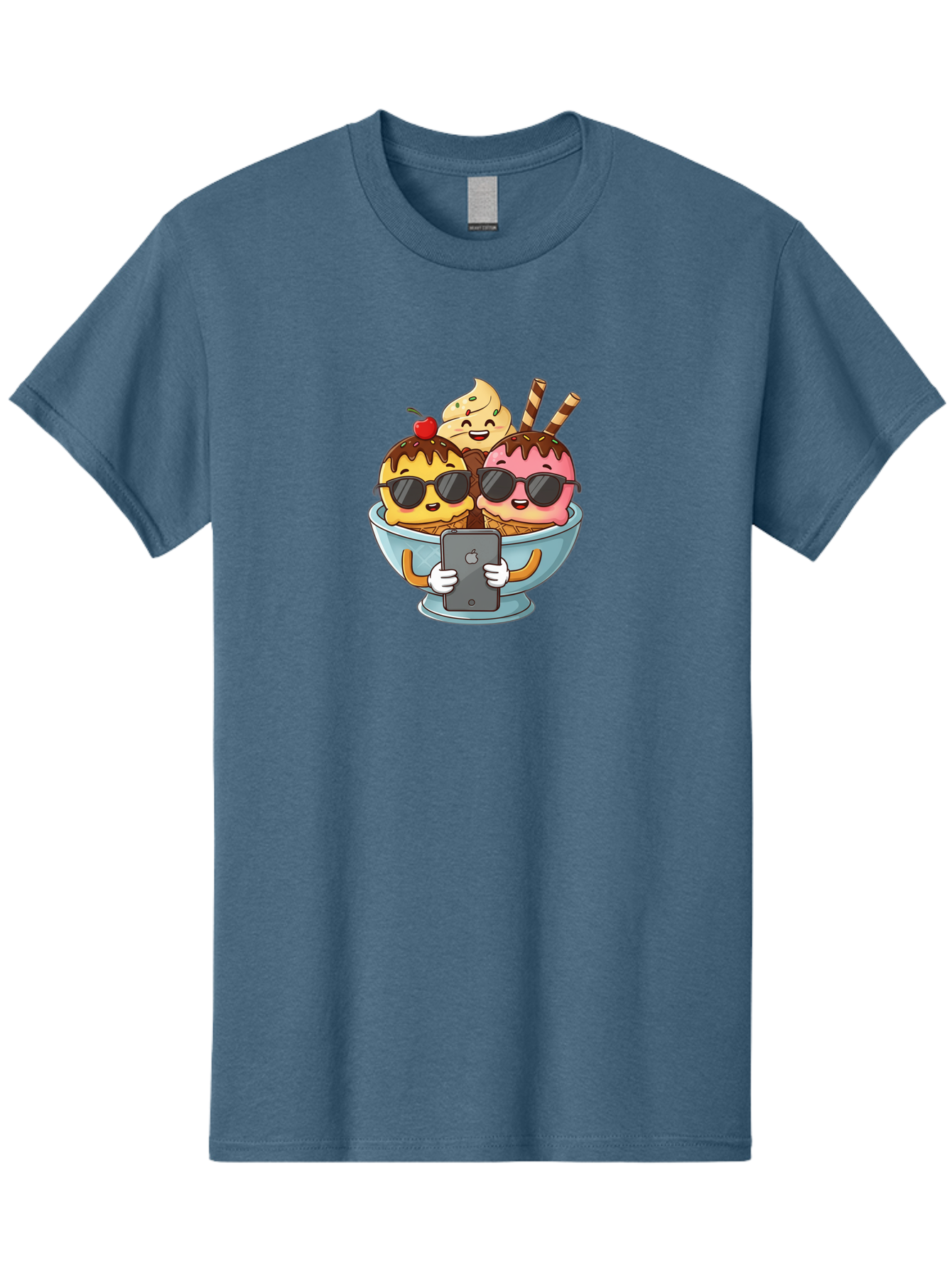 Sundae-Friends Men'S Graphic Tee, 100% Cotton, Comfortable Casual Summer Wear, Machine Washable, Sundaes With Sunglasses, Smartphone Selfie, Chocolate Sauce, Cherry On Top, Cartoon Illustrations Bab477
