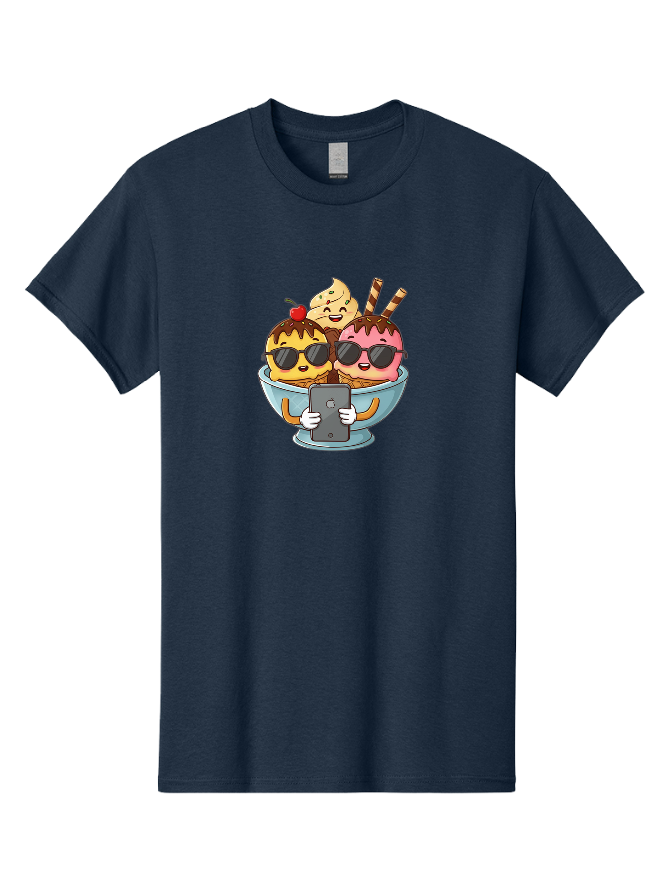 Sundae-Friends Men'S Graphic Tee, 100% Cotton, Comfortable Casual Summer Wear, Machine Washable, Sundaes With Sunglasses, Smartphone Selfie, Chocolate Sauce, Cherry On Top, Cartoon Illustrations Bab477