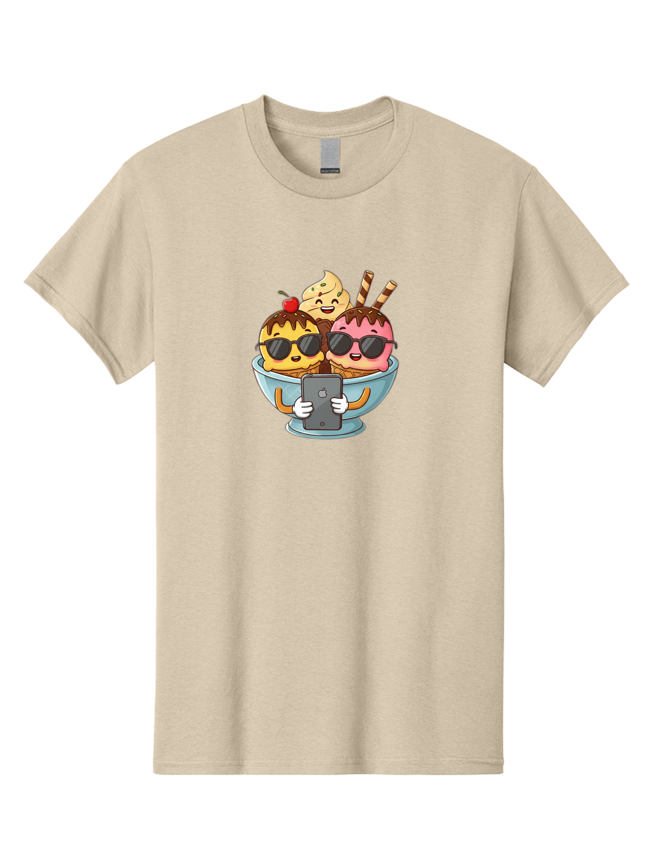 Sundae-Friends Men'S Graphic Tee, 100% Cotton, Comfortable Casual Summer Wear, Machine Washable, Sundaes With Sunglasses, Smartphone Selfie, Chocolate Sauce, Cherry On Top, Cartoon Illustrations Bab477