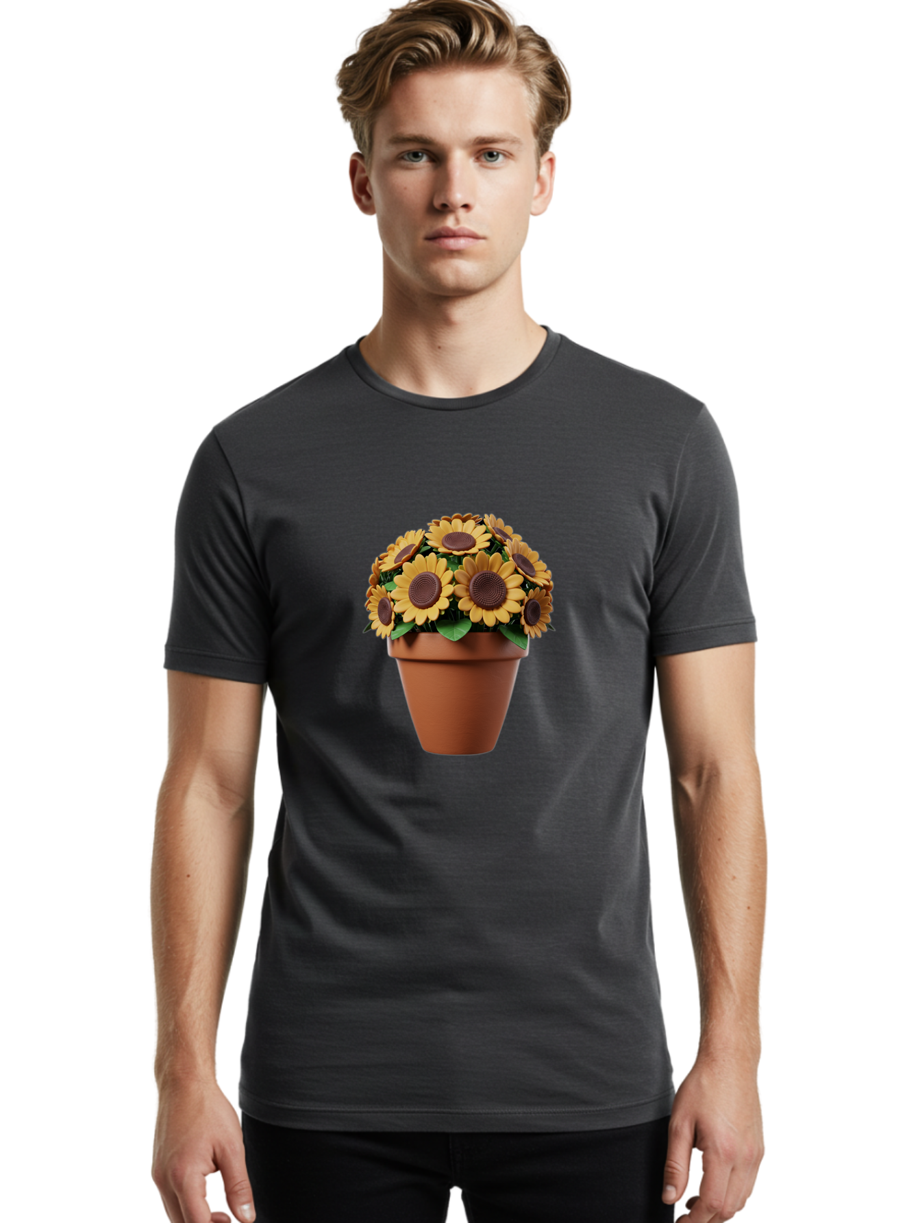 Sunflowers-In-Terracotta-Pot Men'S Graphic Tee, 100% Cotton, Comfortable Casual Summer Wear, Machine Washable, Sunflowers In Terracotta Pot, Yellow Flowers, Floral Arrangement, Potted Plants, Garden Decor, Home Decor, Artificial Flowers, Bab479